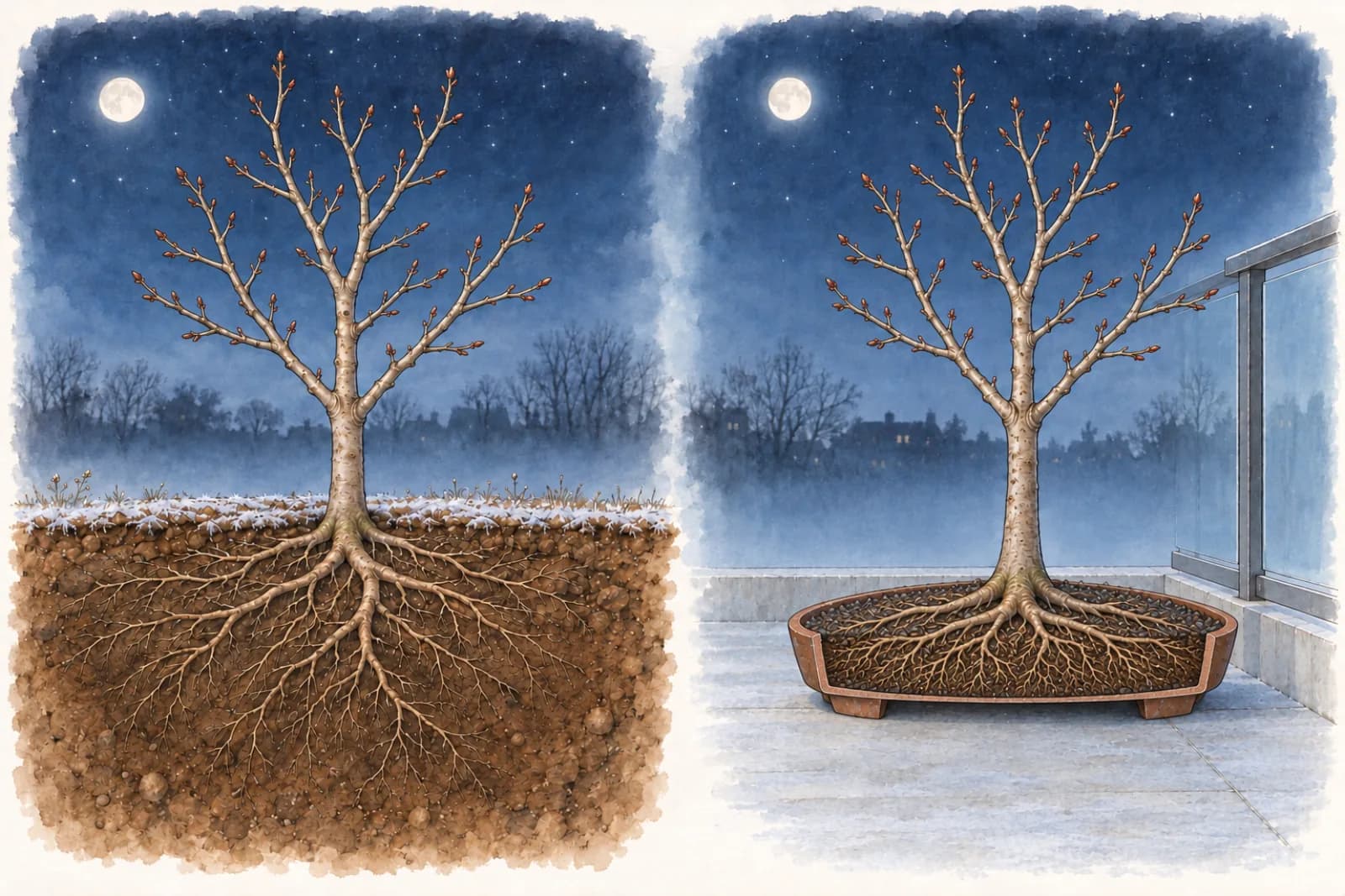 An illustration of two young, bare trident maples on a winter night. On the left, one grows in the ground, its roots spreading through deep brown soil below a thin frosted surface. On the right, one stands in a shallow pot on a concrete balcony floor, with a pale blue wash of cold air surrounding the pot on every side.