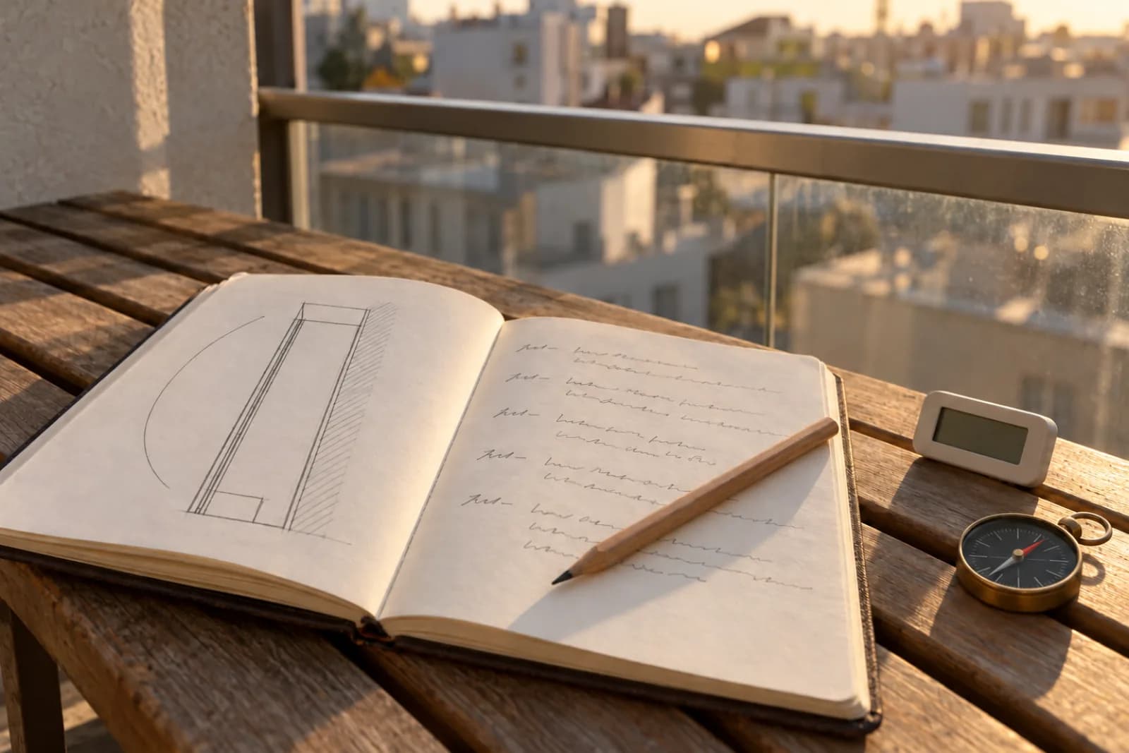 An open notebook on a low wooden bench on a balcony, its pages holding a rough pencil sketch of a balcony plan and short handwritten notes, with a pencil, a small digital thermometer, and a pocket compass beside it in warm afternoon sun.
