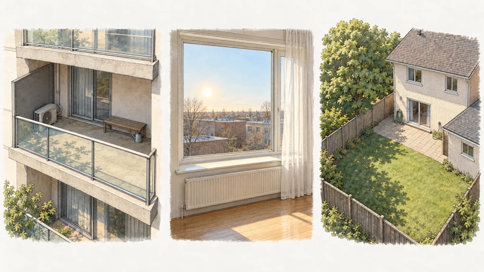 Three illustrated scenes side by side: a west-facing apartment balcony seen from outside, with a glass railing and the balcony above roofing its back half; a large sunny living-room window with a deep sill, a radiator below, and a sheer curtain drawn aside; and a small fenced backyard seen from above, with a patio along the house wall, a lawn, a large tree beyond the left-hand fence, and a garage.