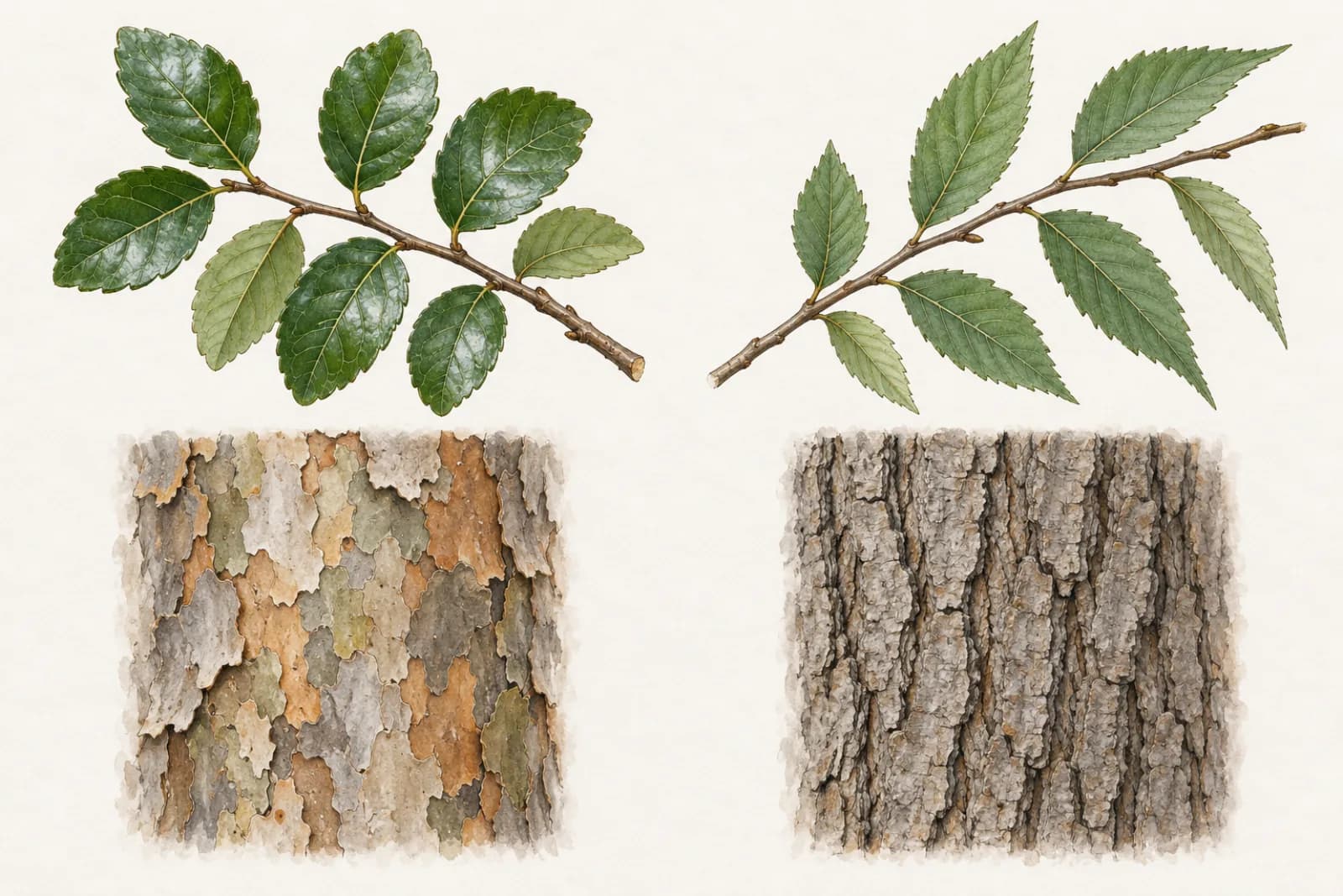 A botanical plate in two halves. On the left, a Chinese elm twig with small, glossy, dark green leaves with blunt teeth, above a patch of smooth bark flaking in gray, orange-brown, and cream patches. On the right, a Siberian elm twig with thinner, more pointed, sharply toothed leaves, above a patch of rough, furrowed gray bark.