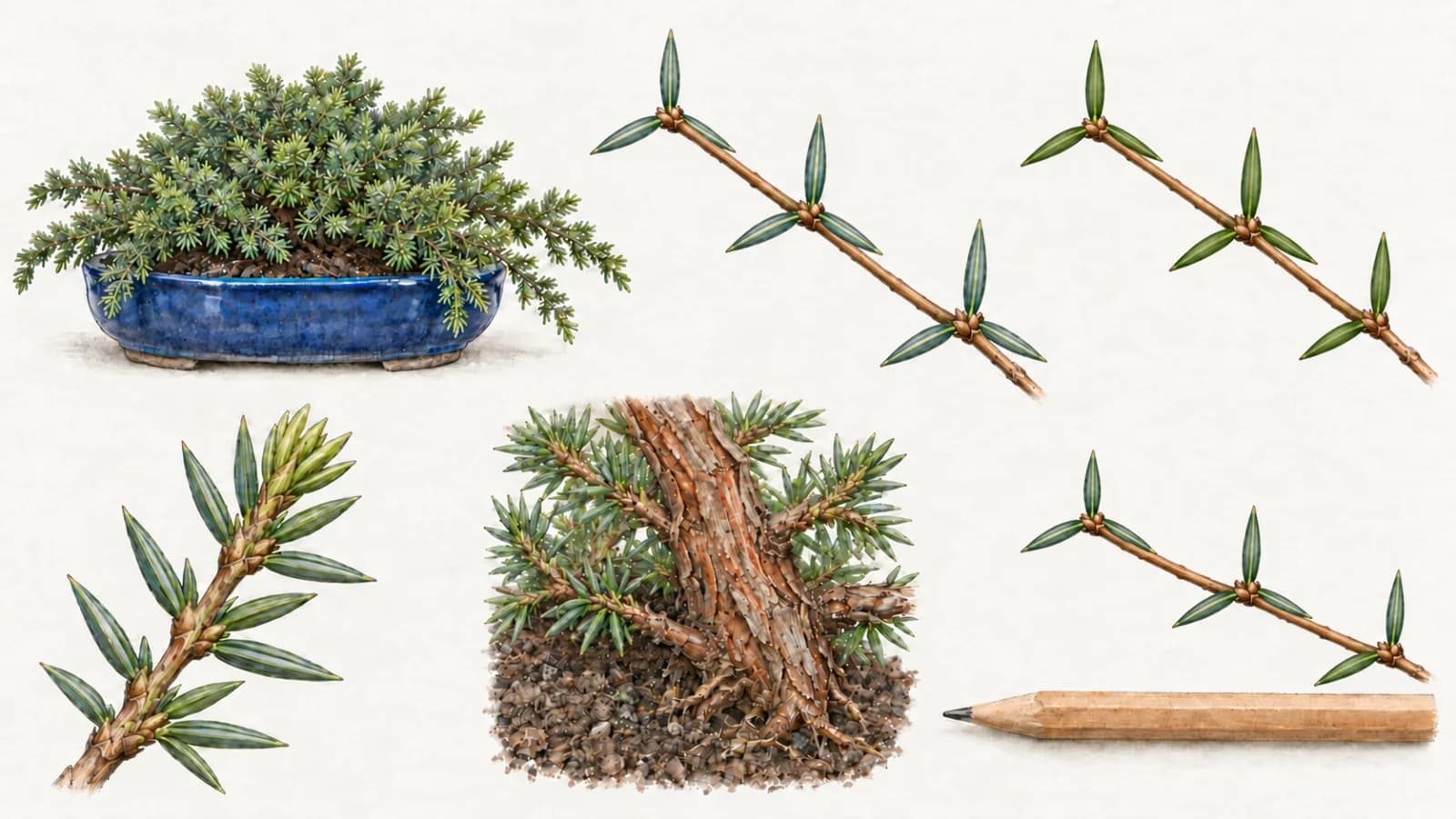 Six small botanical illustrations of the same young juniper in two rows: the whole tree in a shallow blue pot, a shoot seen from above, the same shoot from below, a shoot tip close up, the bark near the base of the trunk, and a shoot lying beside a plain pencil for scale.