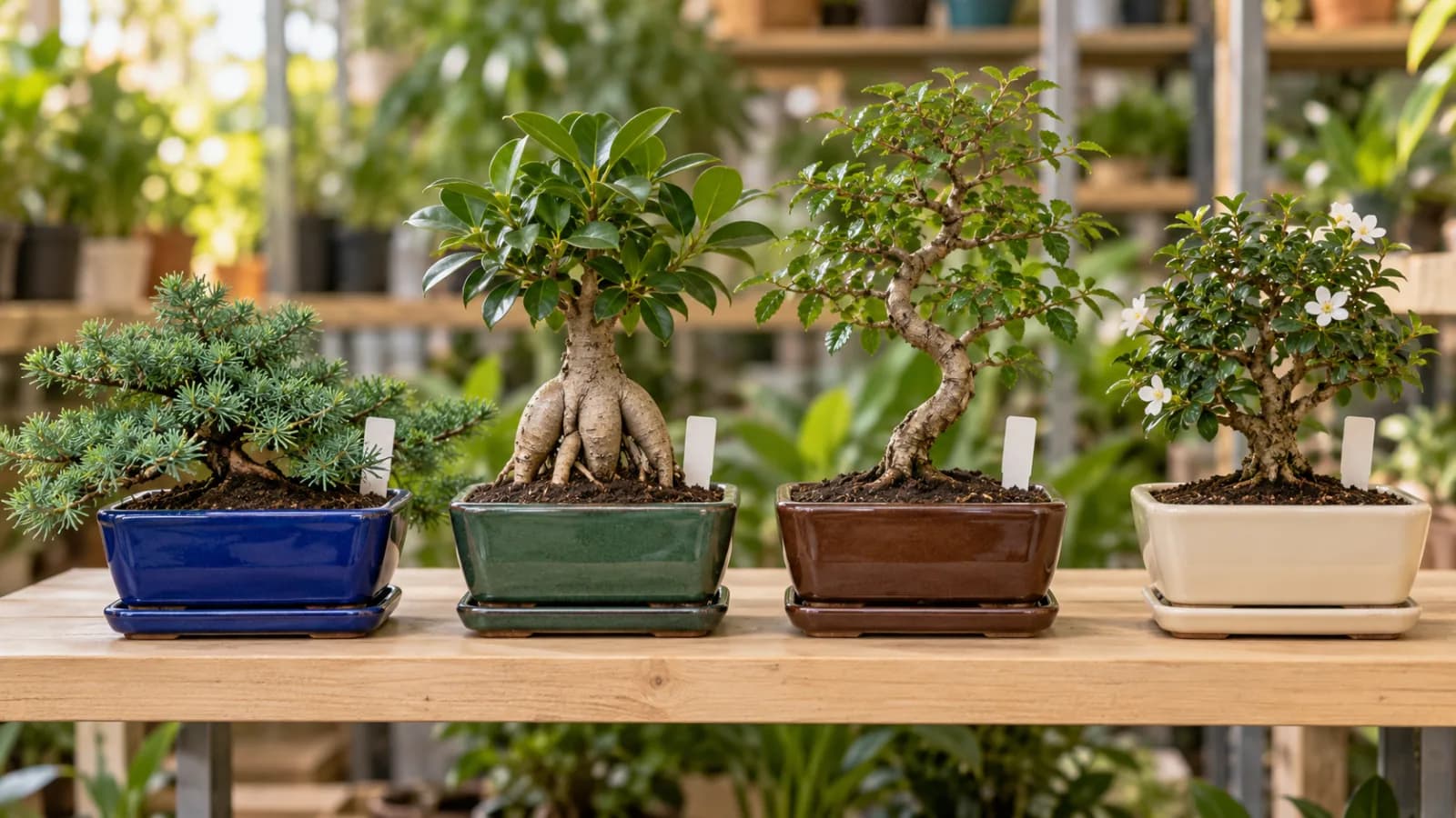 A store shelf with four small potted trees in a row, each in a glazed ceramic pot with an identical small white tag: a low, spreading juniper, a ficus with glossy leaves above thick, swollen roots, a Chinese elm with small toothed leaves, and a Fukien tea with small dark leaves and a few tiny white flowers.