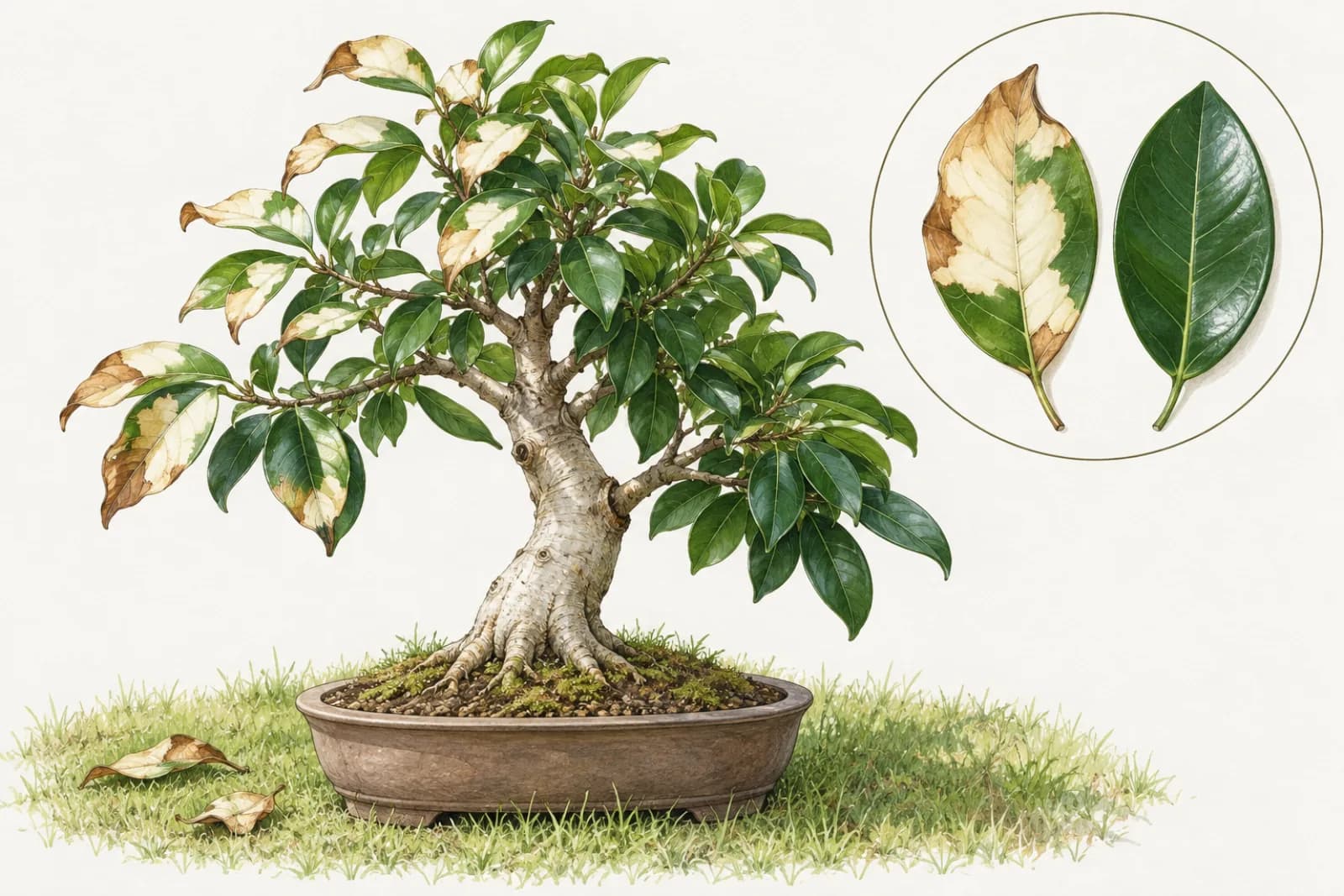 Illustration of a small ficus bonsai on a sunny lawn. Many leaves on the upper, sunlit side of its canopy show pale, bleached patches and dry brown areas, while leaves lower down and inside the canopy stay glossy dark green. A round detail shows one damaged leaf beside a healthy one.