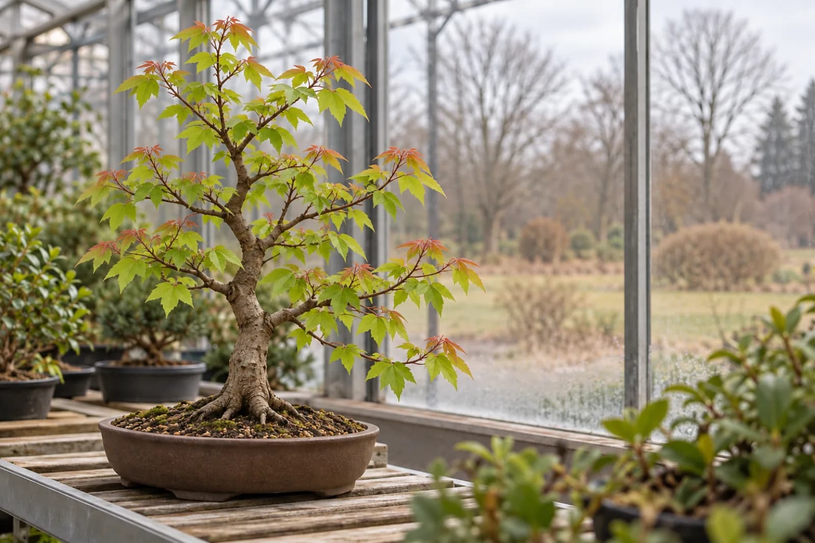 Inside a garden-center greenhouse in early spring, a small trident maple in fresh, pale green leaf stands on a slatted bench among other potted plants, while through the glass wall behind it the garden trees are still bare under a gray sky.