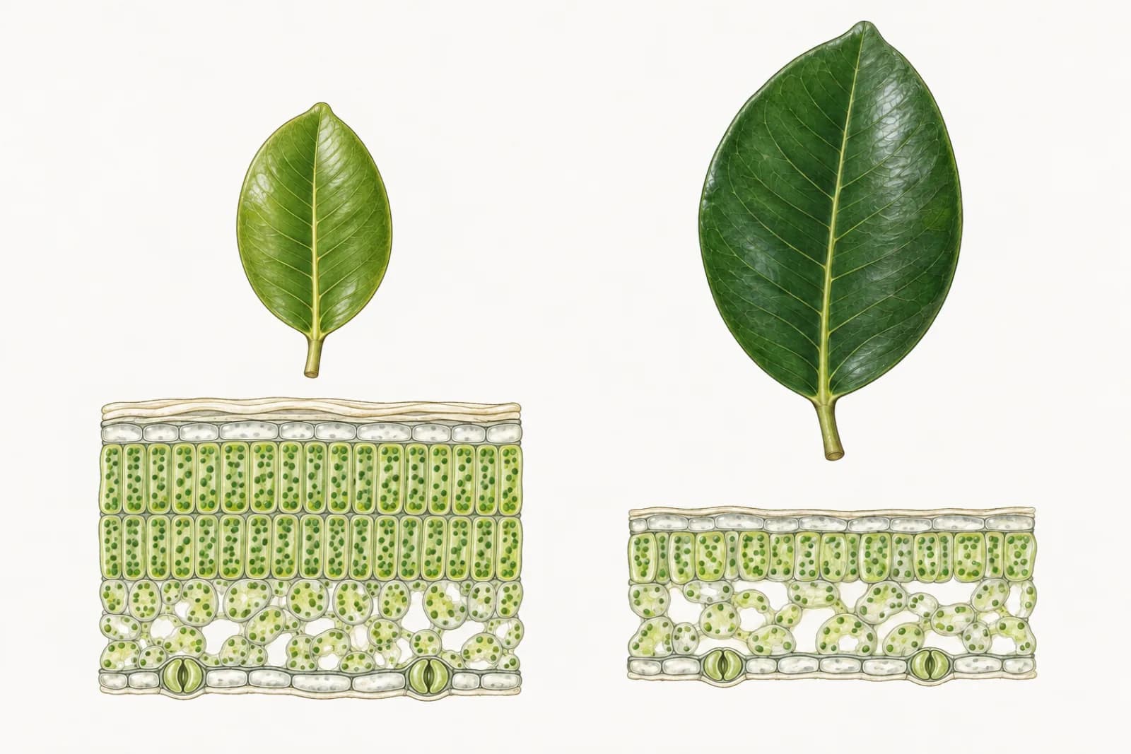 A botanical plate comparing two ficus leaves from the same tree. On the left, a smaller, thicker, slightly lighter green sun leaf; on the right, a larger, thinner, darker green shade leaf. Below each, a magnified cross-section: the sun leaf's is thicker, with a heavier waxy surface and two layers of tall, tightly packed cells; the shade leaf's is thinner, with one shorter layer.