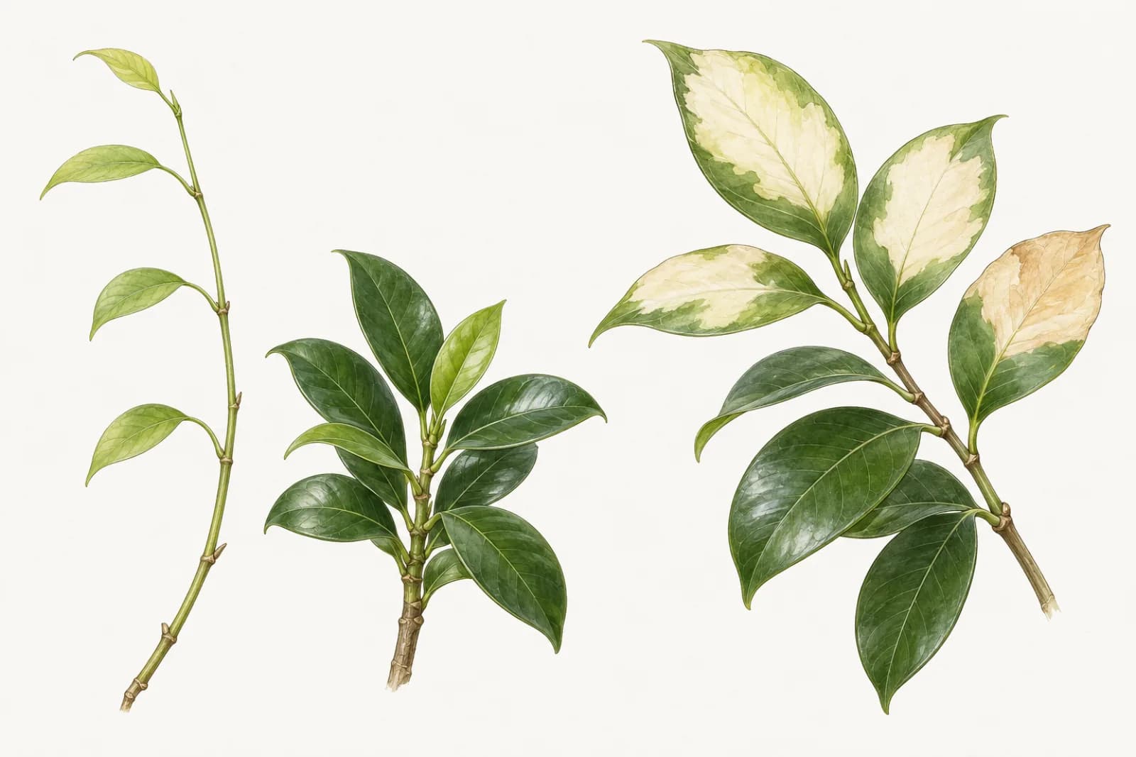 A botanical plate in two parts. Left: two ficus shoots side by side, one long, thin, and pale with a few small leaves spaced far apart, the other short and sturdy with full-size, dark glossy leaves close together. Right: a ficus twig whose upper leaves have pale, whitish to tan patches in the middle of the blade, while lower leaves shaded by them are evenly green.