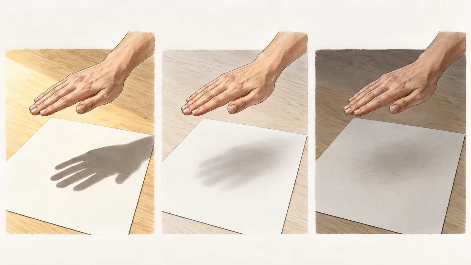 Three side-by-side drawings of the same hand held flat above a sheet of white paper. On the left the hand casts a dark shadow with sharp edges; in the center, a paler shadow with soft, blurred edges; on the right, only a faint smudge of shadow in dim light.