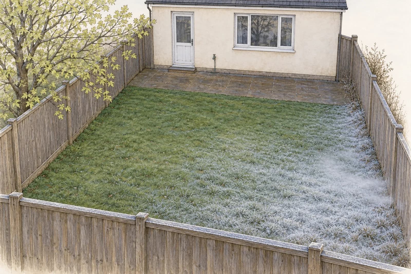 An illustration of a small fenced backyard at dawn, seen from above the far fence looking back at the house: white frost covers the lawn in the low near-right corner and thins out up the slope, while the paved patio along the house wall at the back stays dark and frost-free.