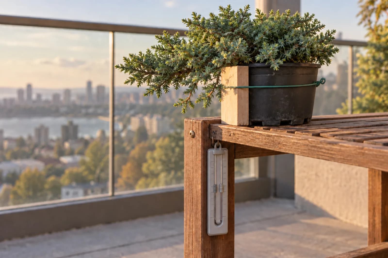 A simple analog min/max thermometer hung at pot height from the leg of a slatted wooden shelf, in the shade beneath a small juniper in a black nursery pot, with a balcony's glass railing and a softly blurred city behind.