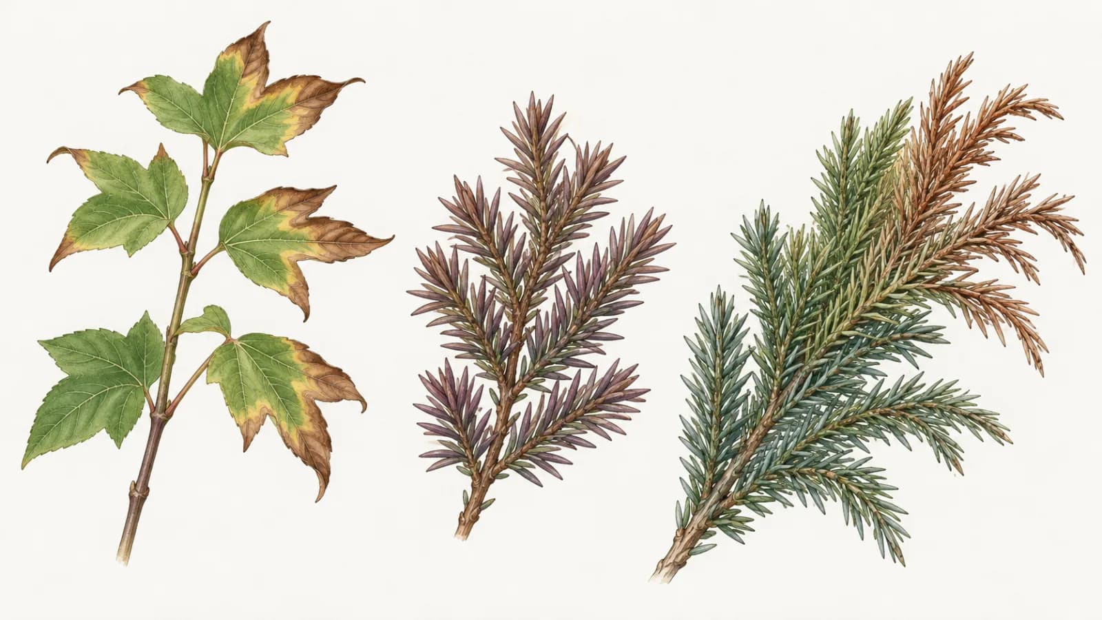 A botanical plate in three parts: a trident maple shoot whose sun-side leaves have brown, crisp edges and lobe tips beside one fully green leaf; a juniper sprig in an even purplish-bronze winter color; and a juniper branch tip whose outer foliage on one side is dry and straw-brown while the inner foliage is green.