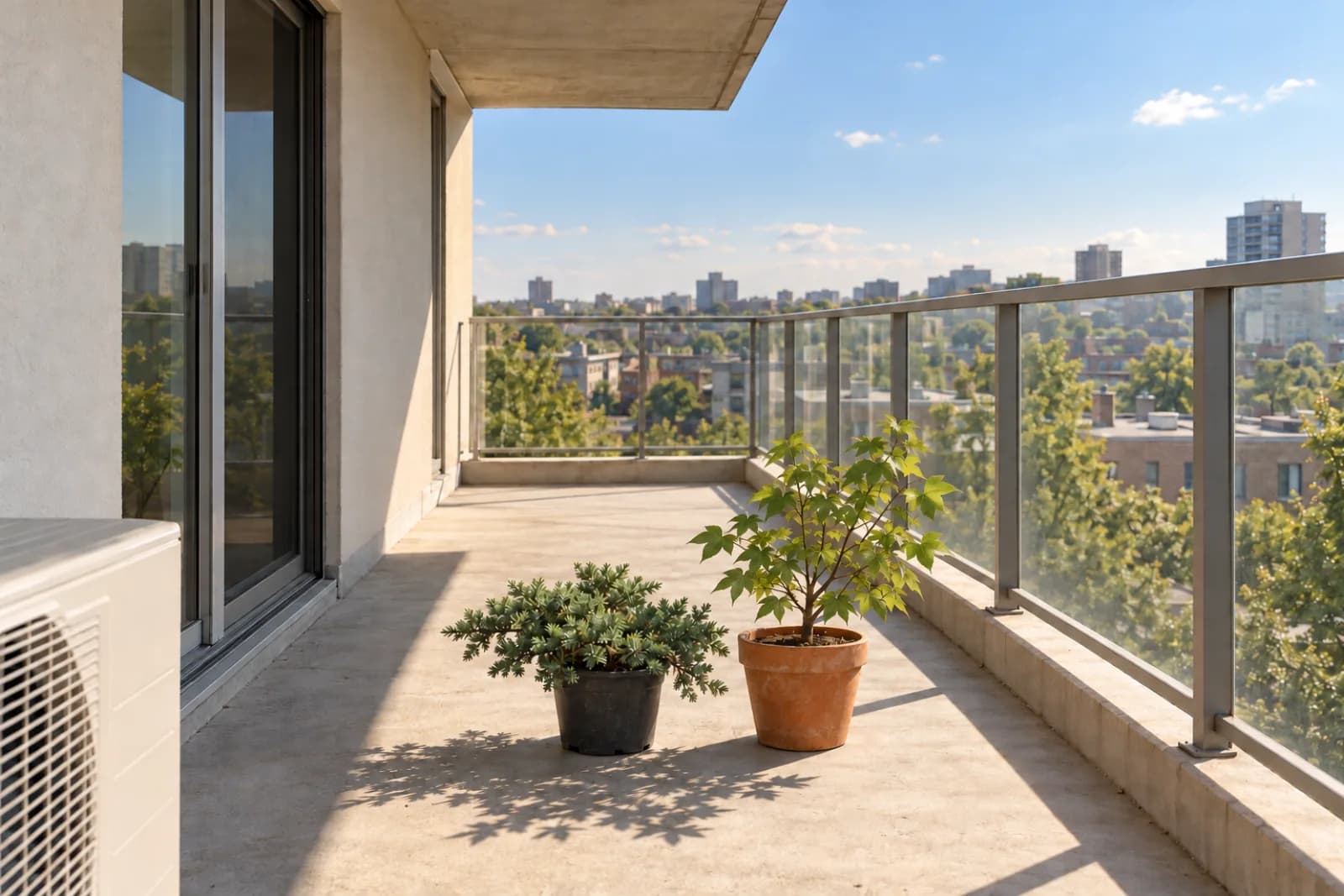A narrow apartment balcony in strong afternoon sun, seen along its length: a concrete floor, a glass railing with a metal top rail on the right, the apartment wall with a sliding glass door on the left in the shadow of the balcony above, and two small potted trees side by side on the sunlit floor in the middle.