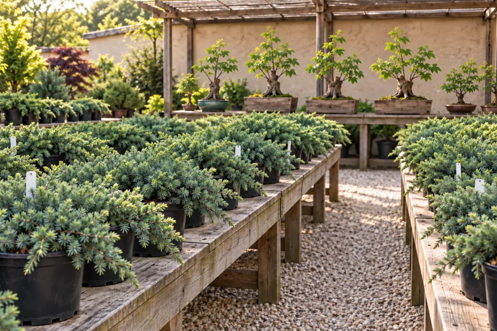 Outdoor benches at a garden center in late spring, with rows of low, spreading junipers in black nursery pots in front and, farther back under a slatted shade frame, a few young maples in shallow wooden boxes.