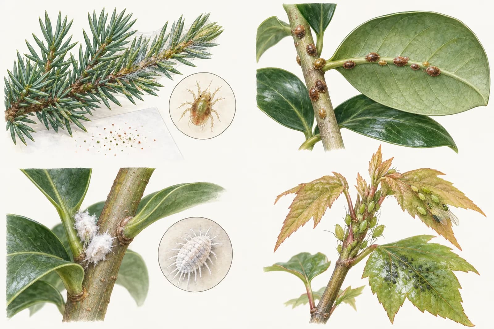A botanical plate of four pest signs: fine webbing among juniper needles above a sheet of white paper with tiny specks; small brown bumps along a ficus stem and the underside of a leaf midrib; white cottony tufts where a leaf meets a stem; and a cluster of small green insects on a maple shoot tip above a shiny, sticky leaf.