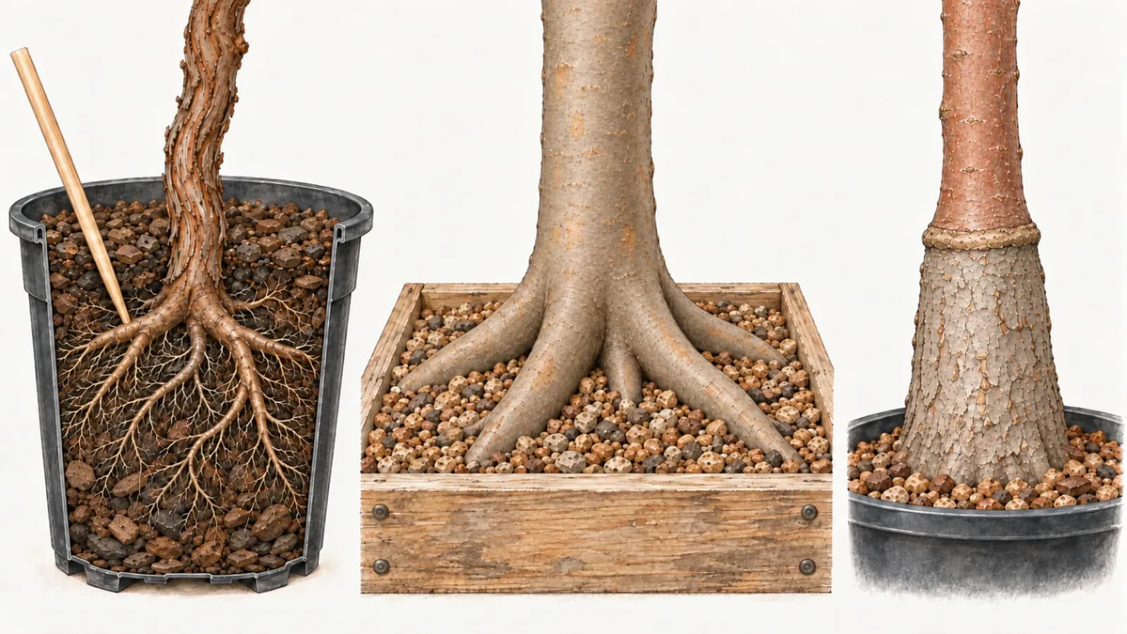 Three botanical illustrations of trunk bases: a juniper in a cut-away nursery pot whose trunk widens into roots a few centimeters below the surface, with a chopstick probing down to them; a trident maple whose roots spread evenly from the trunk across the surface of a wooden box; and a young maple trunk with a swollen ring and a change in bark a little above the soil, where it was grafted.