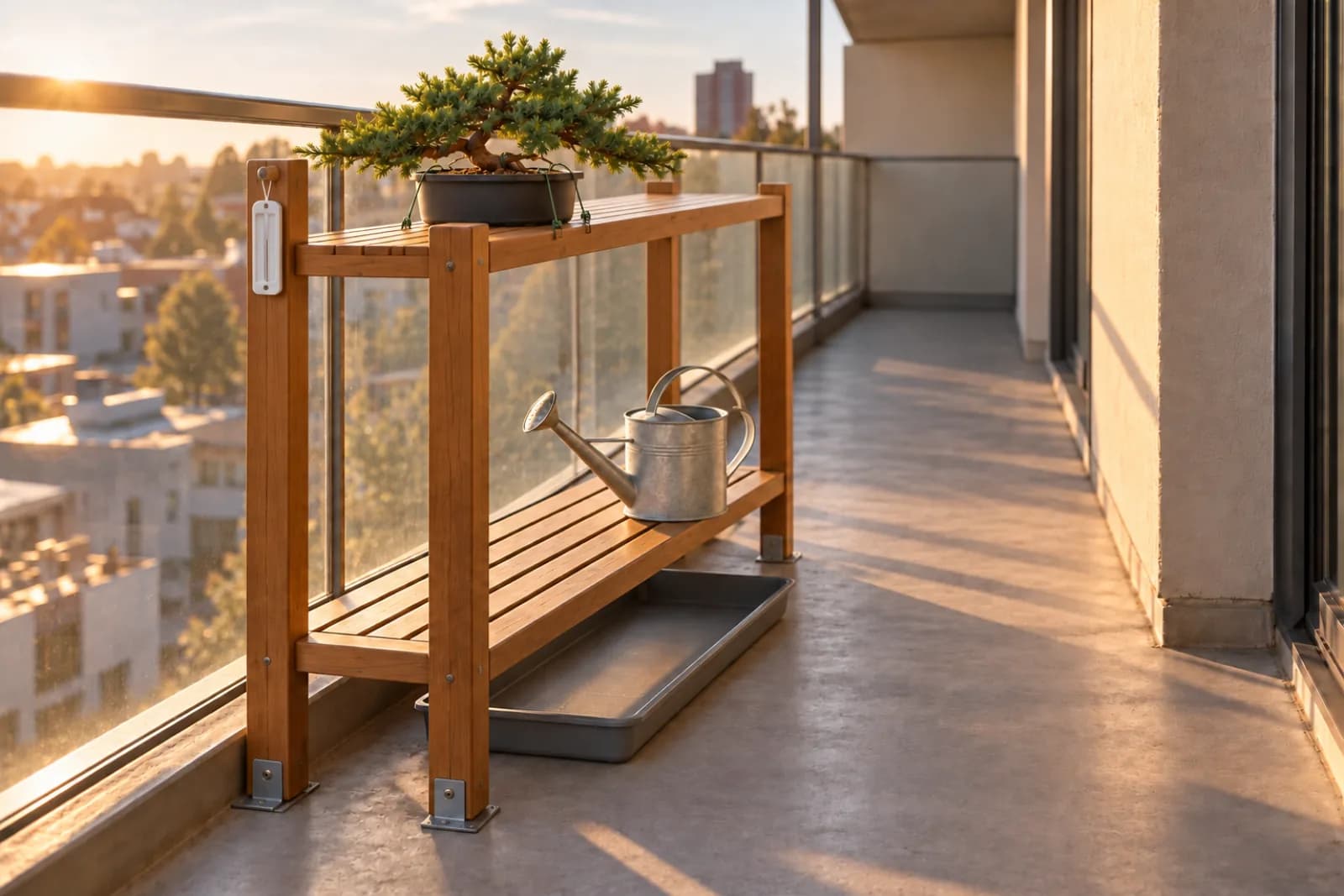 A sturdy slatted wooden shelf standing just inside the glass railing of a concrete apartment balcony, its top level with the railing's metal top rail, holding a small juniper in a plain black plastic pot tied to the slats. A watering can with a long spout and a fine rose stands on the lower shelf, a small thermometer hangs at pot height, and a shallow tray sits on the floor beneath.