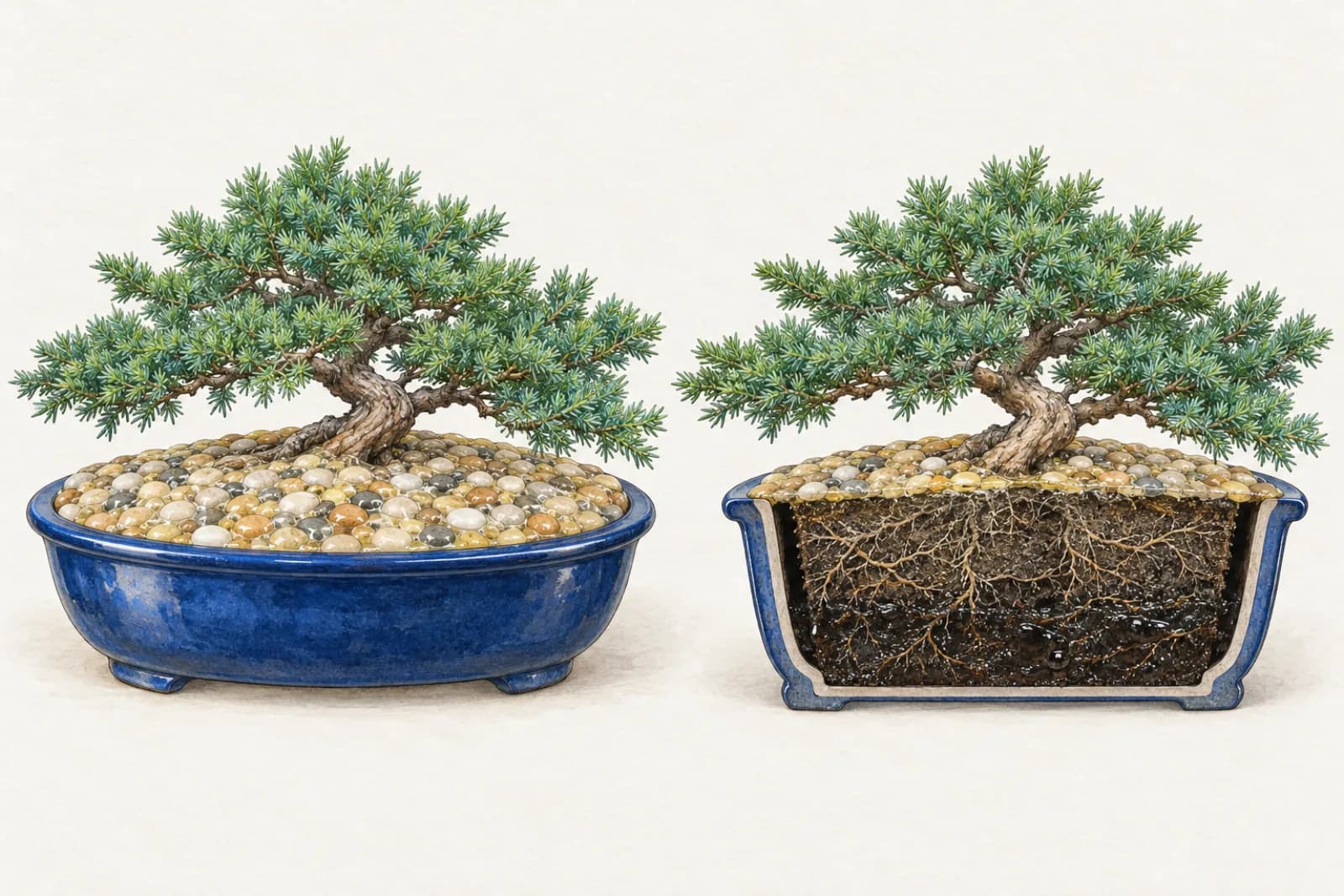 An illustration in two parts. On the left, a small, green, healthy juniper in a wide, shallow, glossy cobalt-blue oval pot, its surface covered by a crust of pale pebbles glued together. On the right, the same pot and root ball cut in half: the solid glazed base has no hole, the lower part of the root ball is dark and waterlogged, the middle under the crust is pale and dry, and a narrow gap separates the root ball from the pot wall.