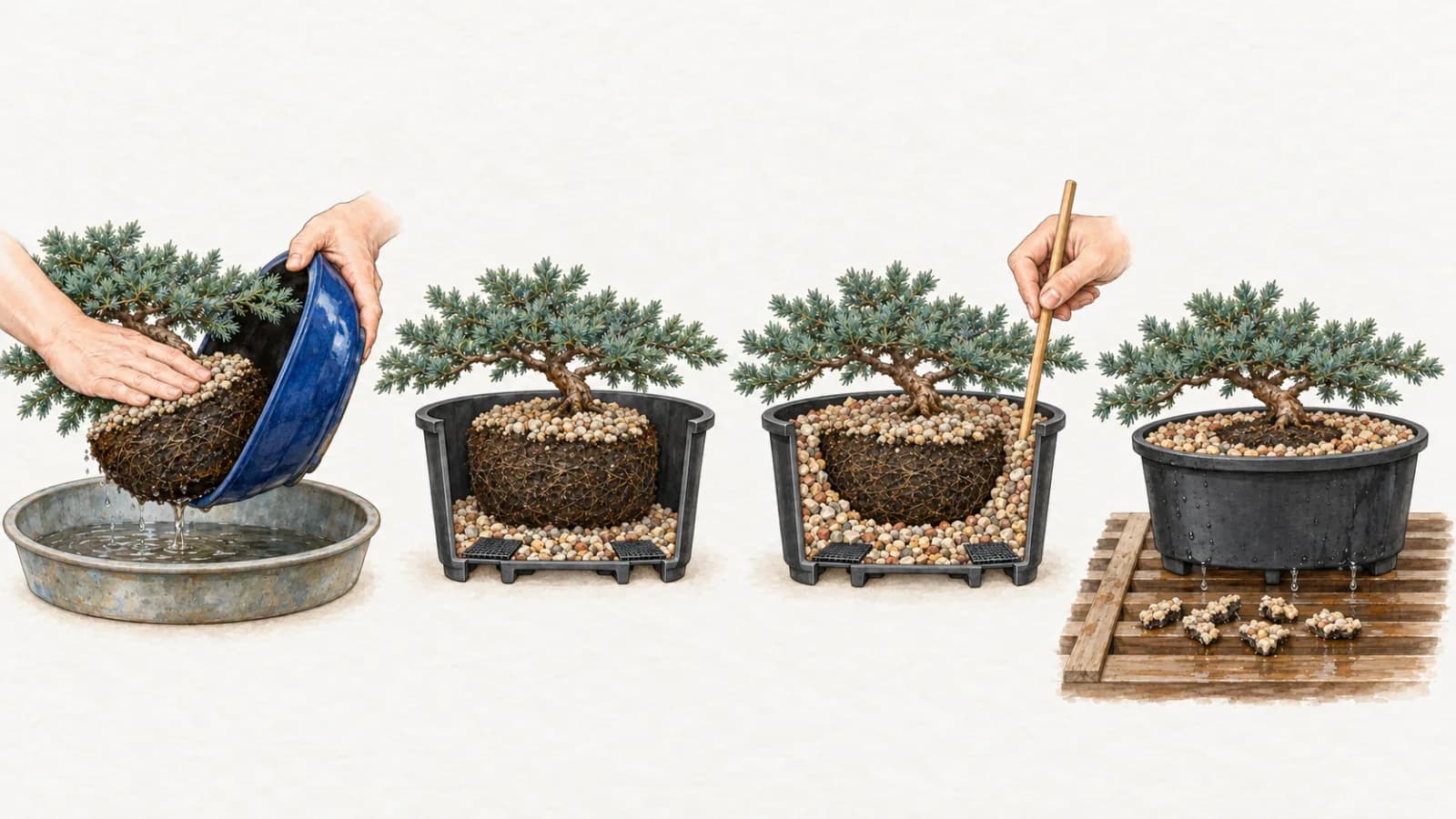 An illustration in four steps. A small juniper's root ball slides whole out of a blue glazed pot tipped on its side; the root ball sits on a thin layer of fresh, gritty mix in a plain plastic pot with mesh over its holes; fresh mix is worked into the gap around it with a chopstick; and finally the glued pebble crust lies beside the pot in small pieces, with the surface beneath now visible.