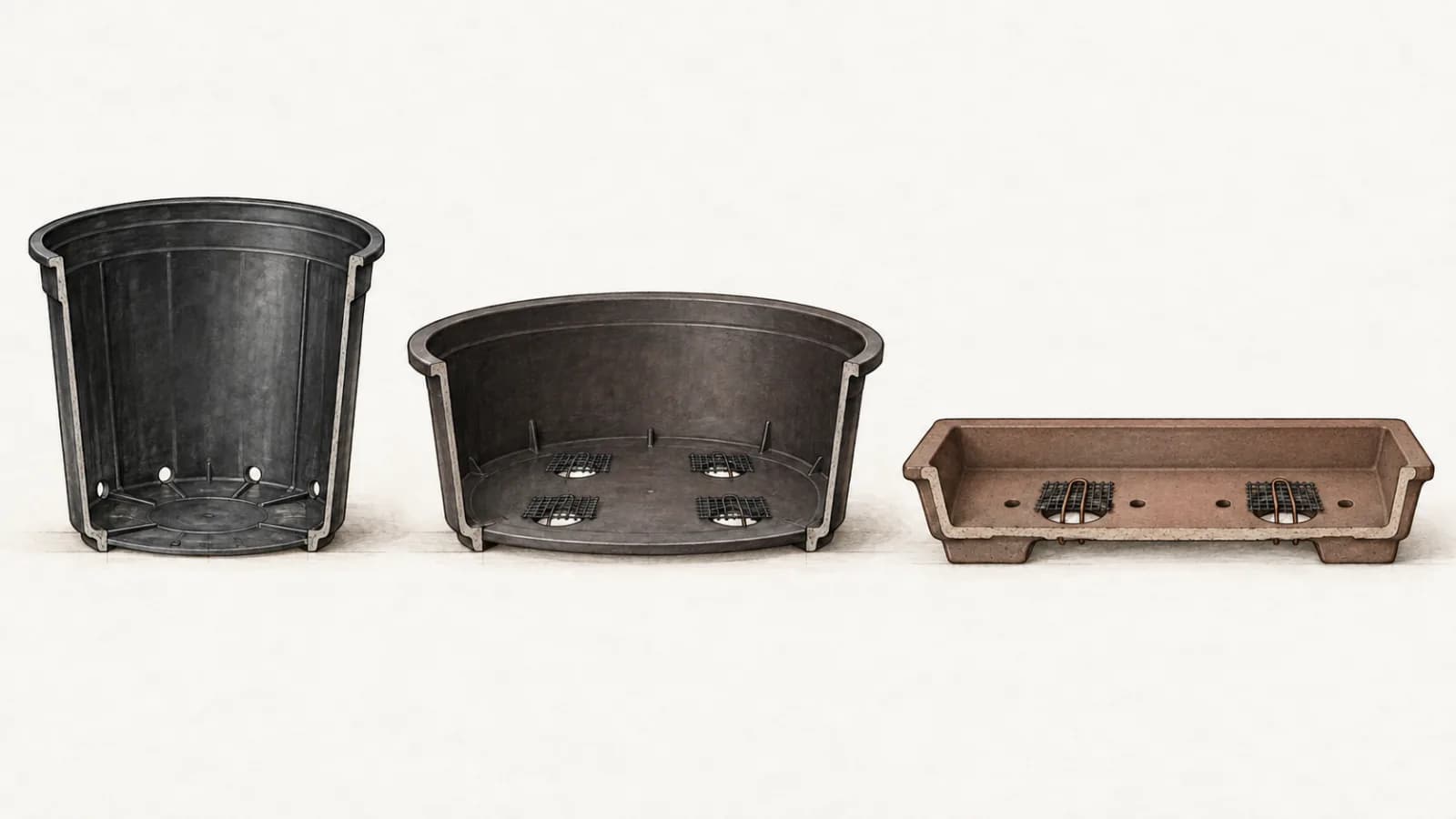 An illustration of three empty containers cut in half to show their walls and bases: a deep black plastic nursery pot with holes around the base, a wider plastic training pot with squares of mesh covering its holes on the inside, and a shallow brown bonsai pot with two large mesh-covered holes, small wire holes, and short feet.