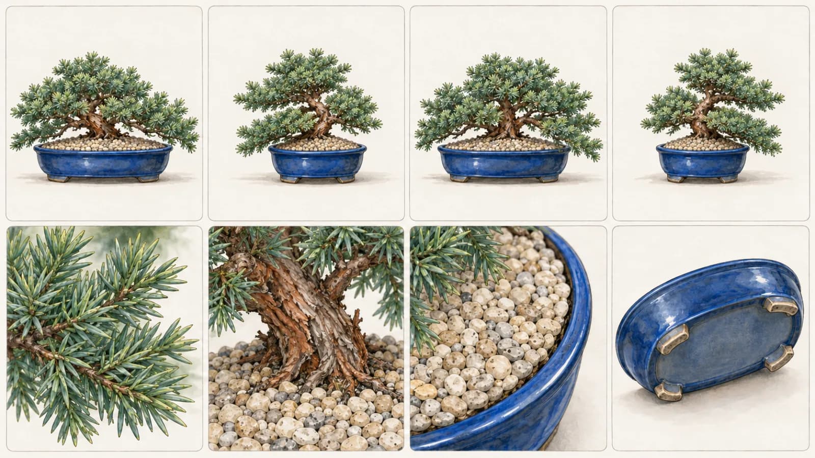 Eight small illustrated views of the same low juniper in a glazed blue pot, laid out in two rows like photo prints: the front, right side, back, and left side of the tree, then close-ups of a foliage tuft, the trunk base at the surface, the glued pebble crust, and the pot's solid underside.