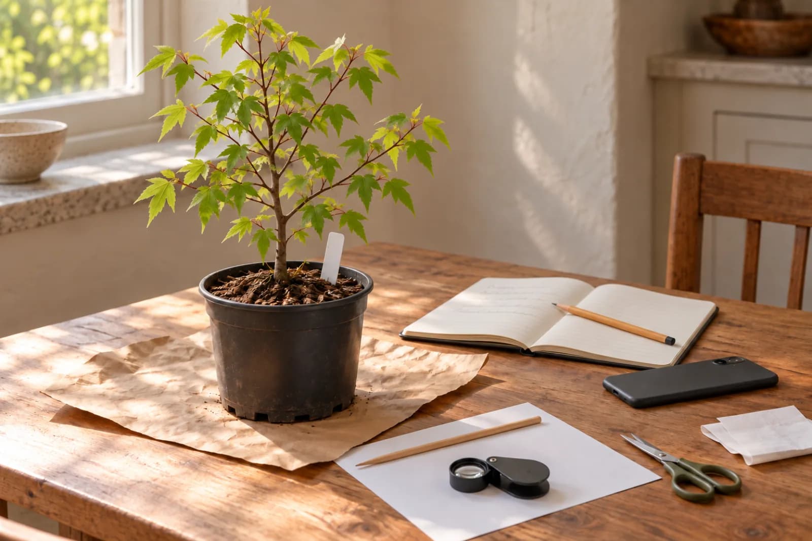 A young trident maple in a black plastic nursery pot stands on a sheet of brown paper on a kitchen table by a window, beside an open notebook, a pencil, a phone lying face down, a wooden chopstick, a small folding hand lens, a sheet of white paper, and a pair of small scissors.