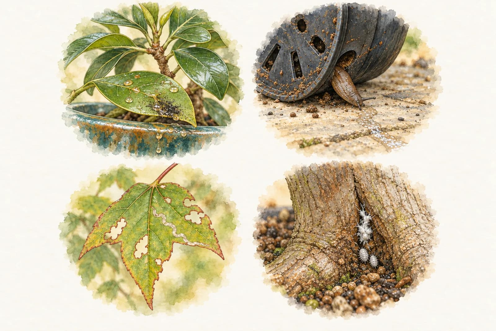 A botanical plate of four enlarged details: shiny, sticky droplets on a lower ficus leaf and on the rim of its pot below a shoot; a tipped-up nursery pot with a small slug against its base and a silvery slime trail; a trident maple leaf with ragged, chewed edges; and a white cottony tuft tucked into a bark crevice at the base of a trunk.