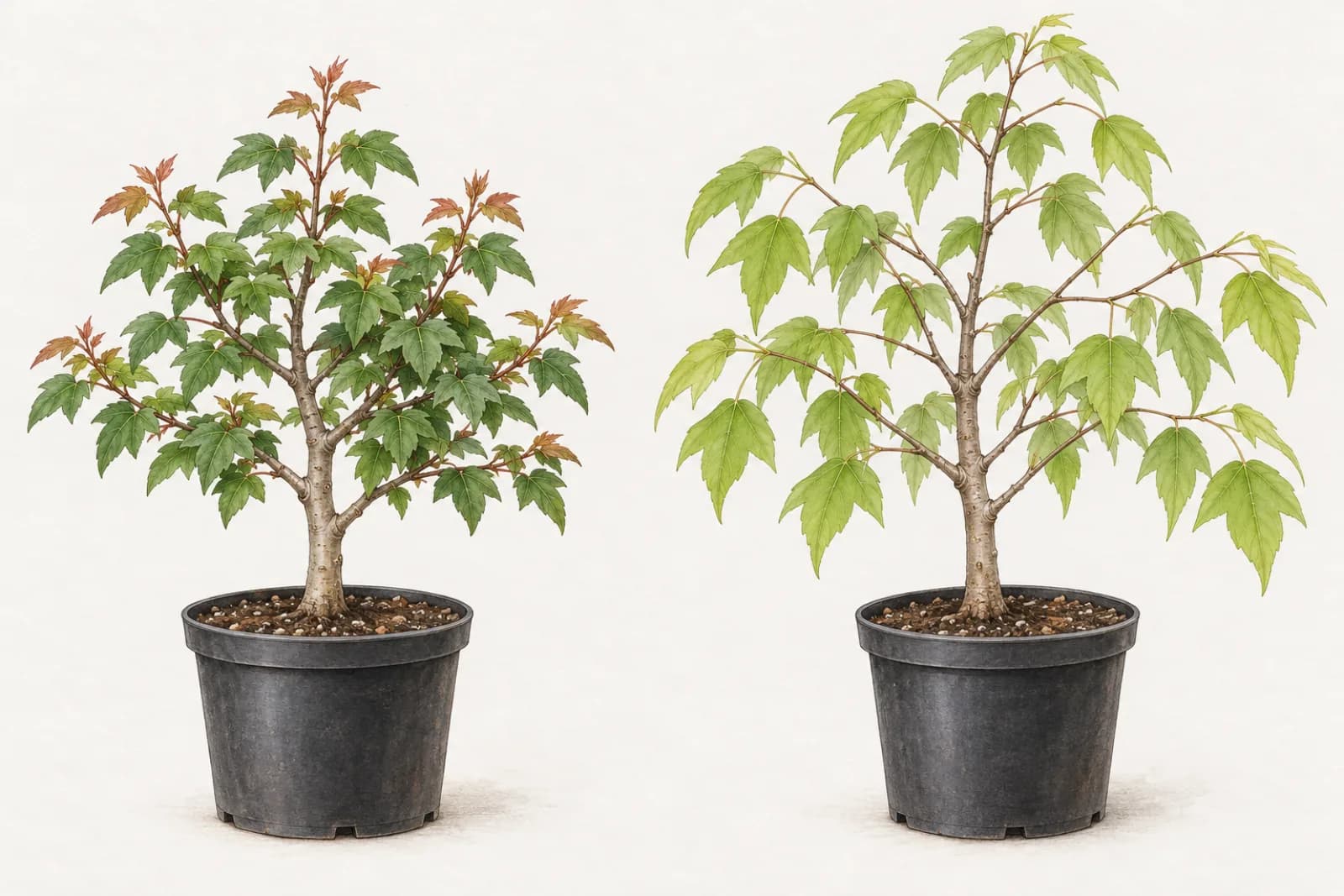 Two young trident maples in identical black nursery pots side by side. The tree on the left has short, compact shoots with smaller, firmer, deeper green leaves, the newest tinged reddish bronze. The tree on the right has longer, more slender shoots with larger, thinner, paler green leaves.