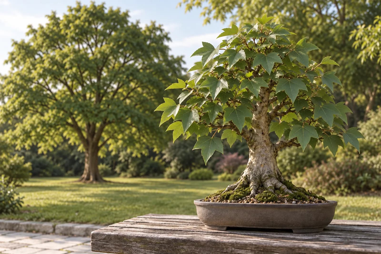 A trident maple bonsai in a shallow unglazed pot on a wooden bench, with a full-size trident maple in a park softly out of focus behind it. Both are in fresh summer leaf.