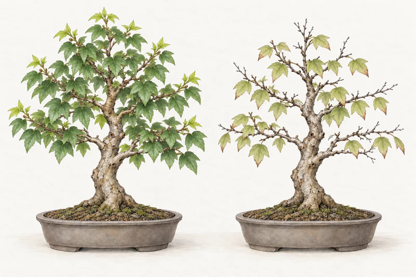 Two trident maple bonsai of the same height in matching pots. The tree on the left has dense, deep green foliage and fresh shoot tips; the tree on the right has sparse, pale leaves and several bare, dead twig tips.