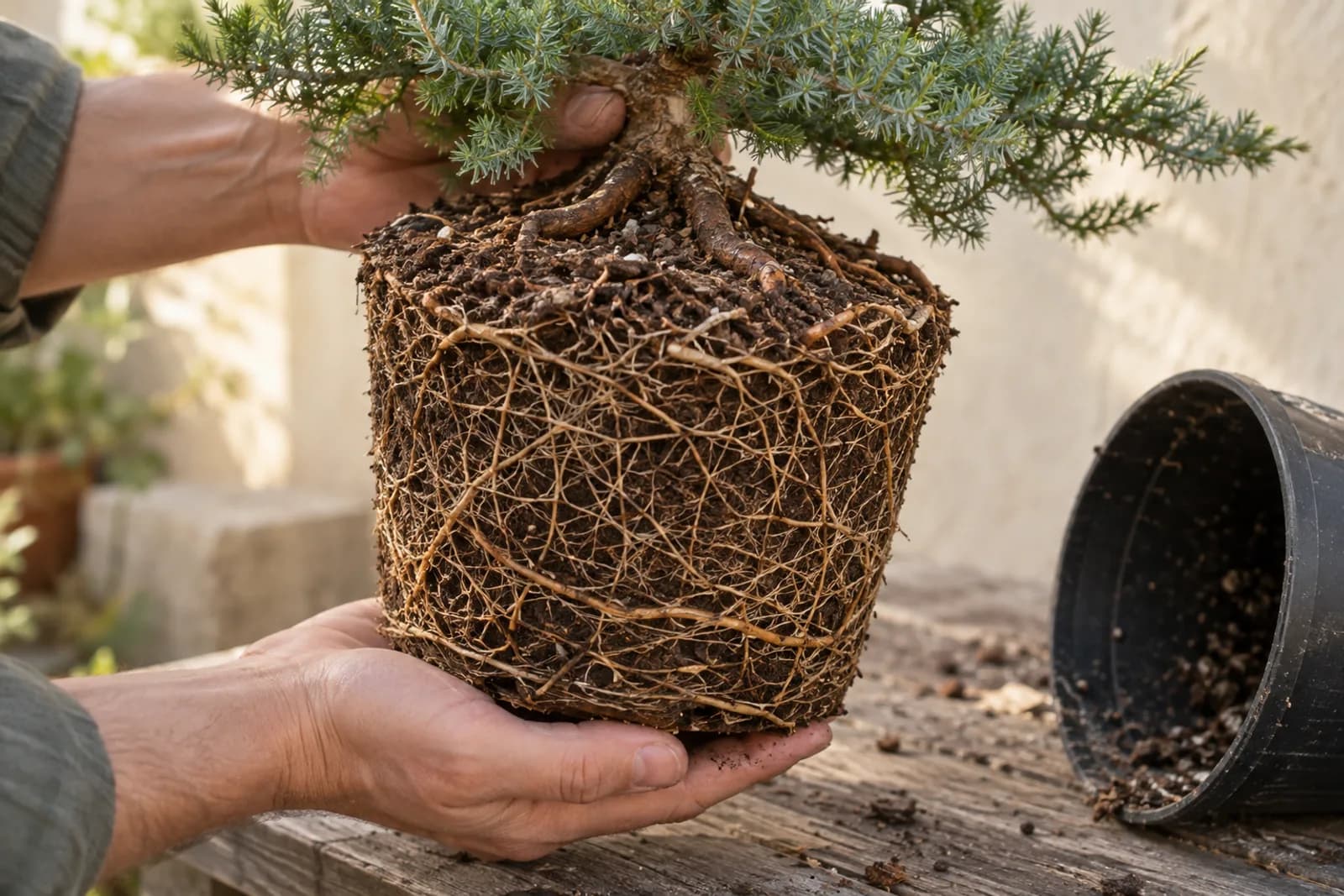 A young juniper lifted out of its black plastic nursery pot and held above a wooden potting bench. The root ball keeps the pot's shape and is wrapped in a dense web of thin, pale tan roots with white tips, with a few thicker brown woody roots near the trunk.
