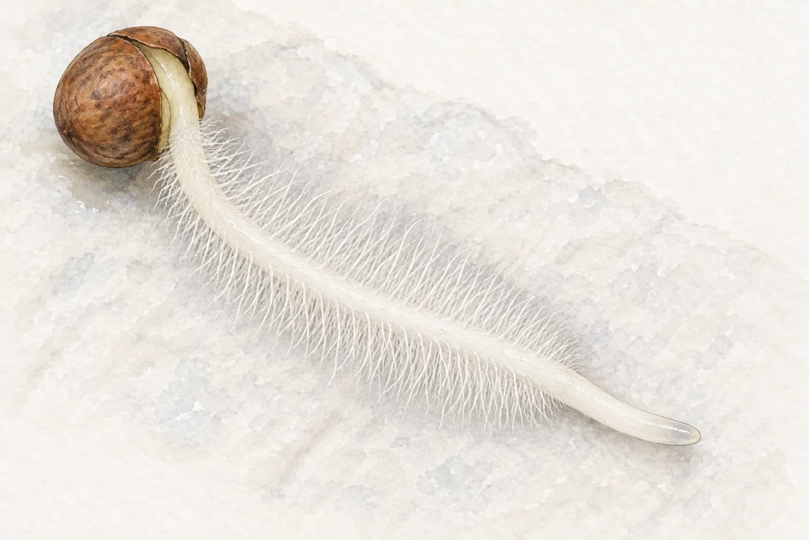 A botanical illustration of a sprouting seed on damp paper. Its first root has a smooth, rounded tip, a short bare stretch behind the tip, and then a dense, fuzzy band of fine white root hairs that runs back toward the seed.