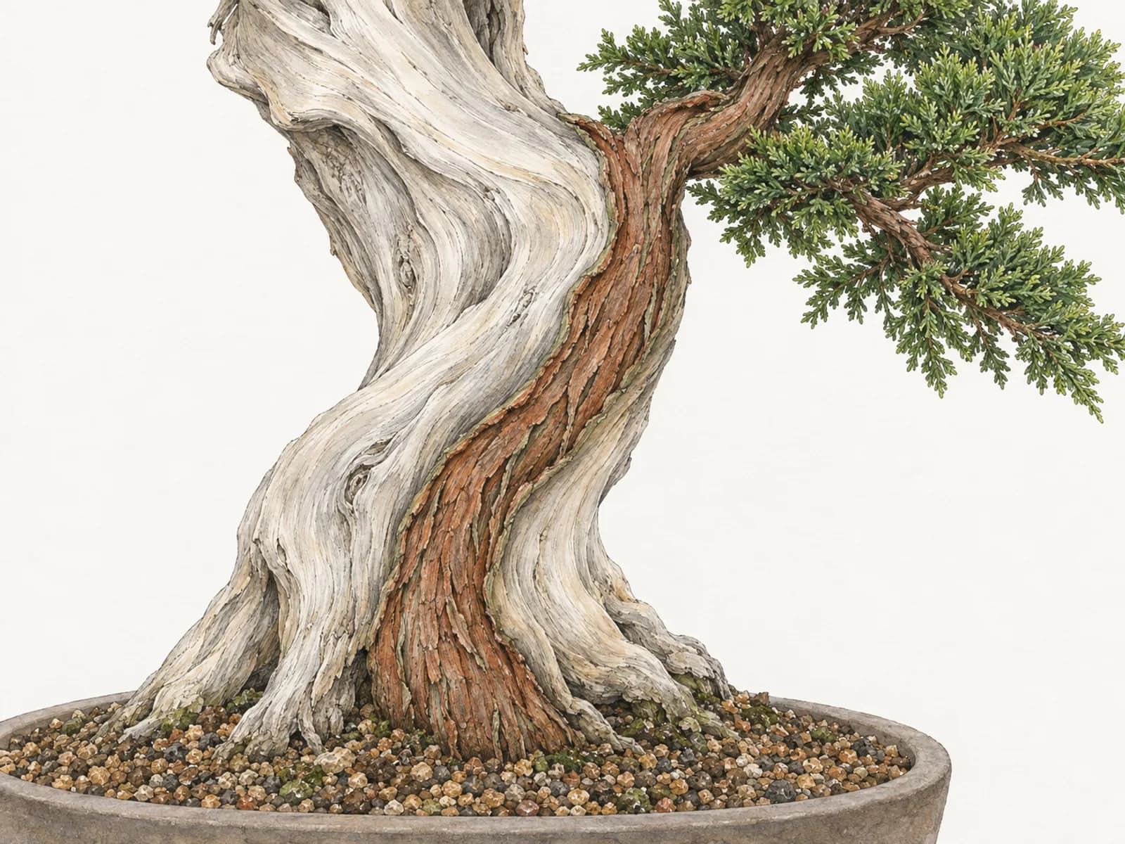 The trunk of an old juniper bonsai. Most of the trunk is bare, silver-gray dead wood, and one continuous strip of reddish-brown living bark spirals up from the soil to a branch carrying green foliage.
