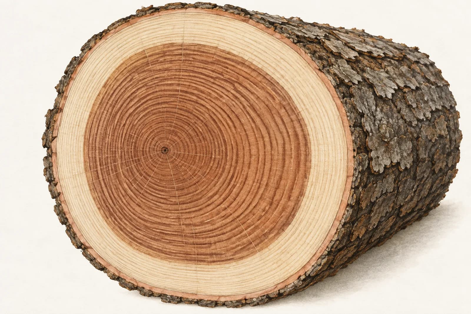 The sawn end of a log seen at a slight angle: rough, dark outer bark; a thin, pale band of inner bark; a wide cream-colored band of sapwood; reddish-brown heartwood with many growth rings; and a small pith near the center.