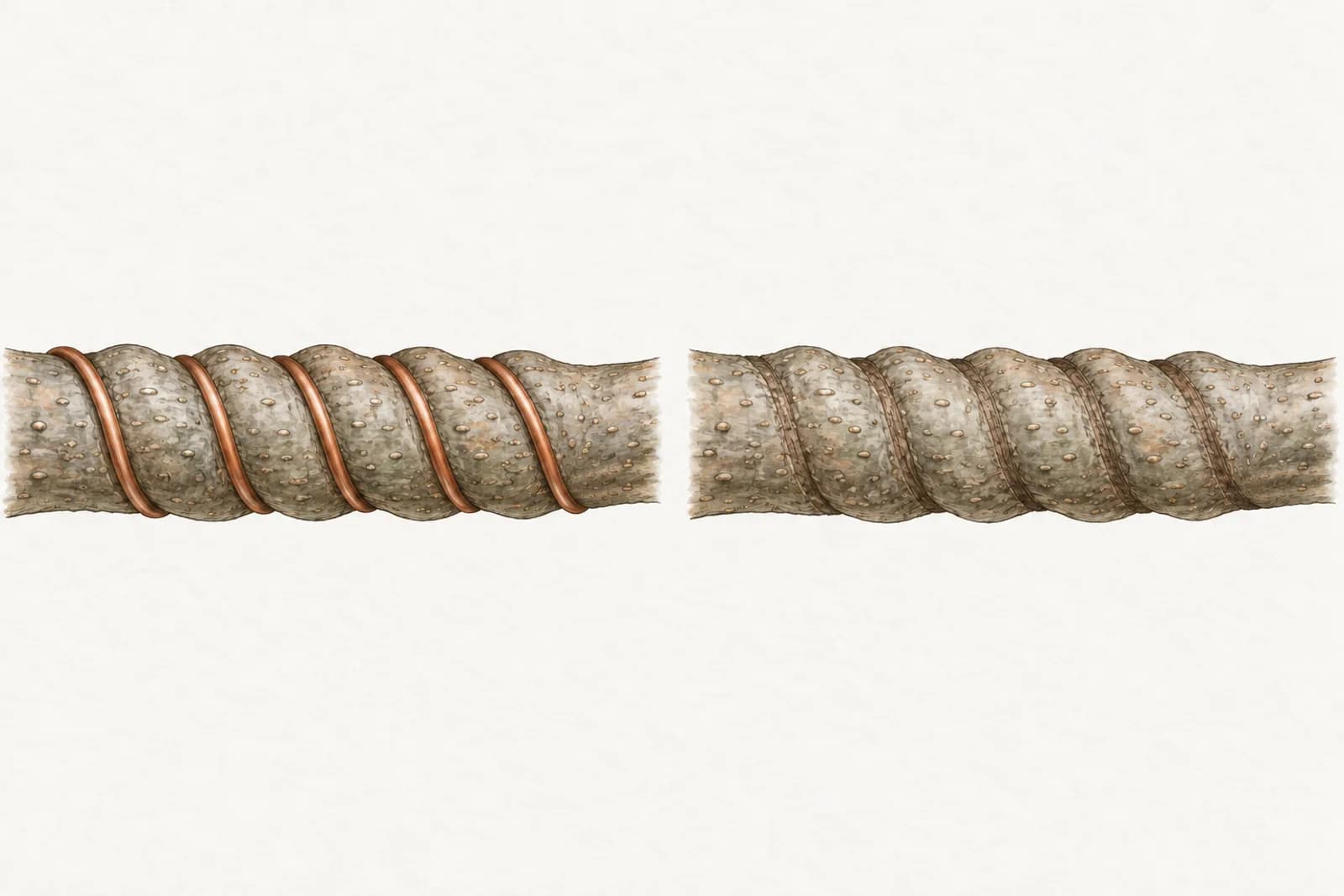 Illustration of the same wired branch in two views. On the left, wire coils with the bark swollen into ridges between them; on the right, after the wire is removed, a shallow spiral groove in the bark where the coils sat.