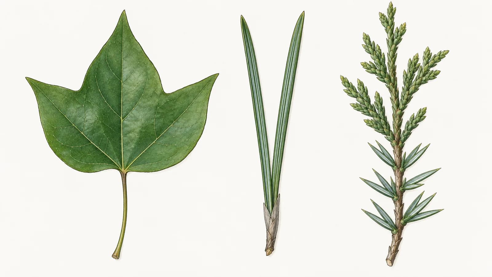 Three foliage samples on warm paper: a three-lobed trident maple leaf, a pair of pine needles joined at the base by a papery sheath, and a Chinese juniper sprig with prickly needle-like foliage at one end and tiny overlapping scales at the other.