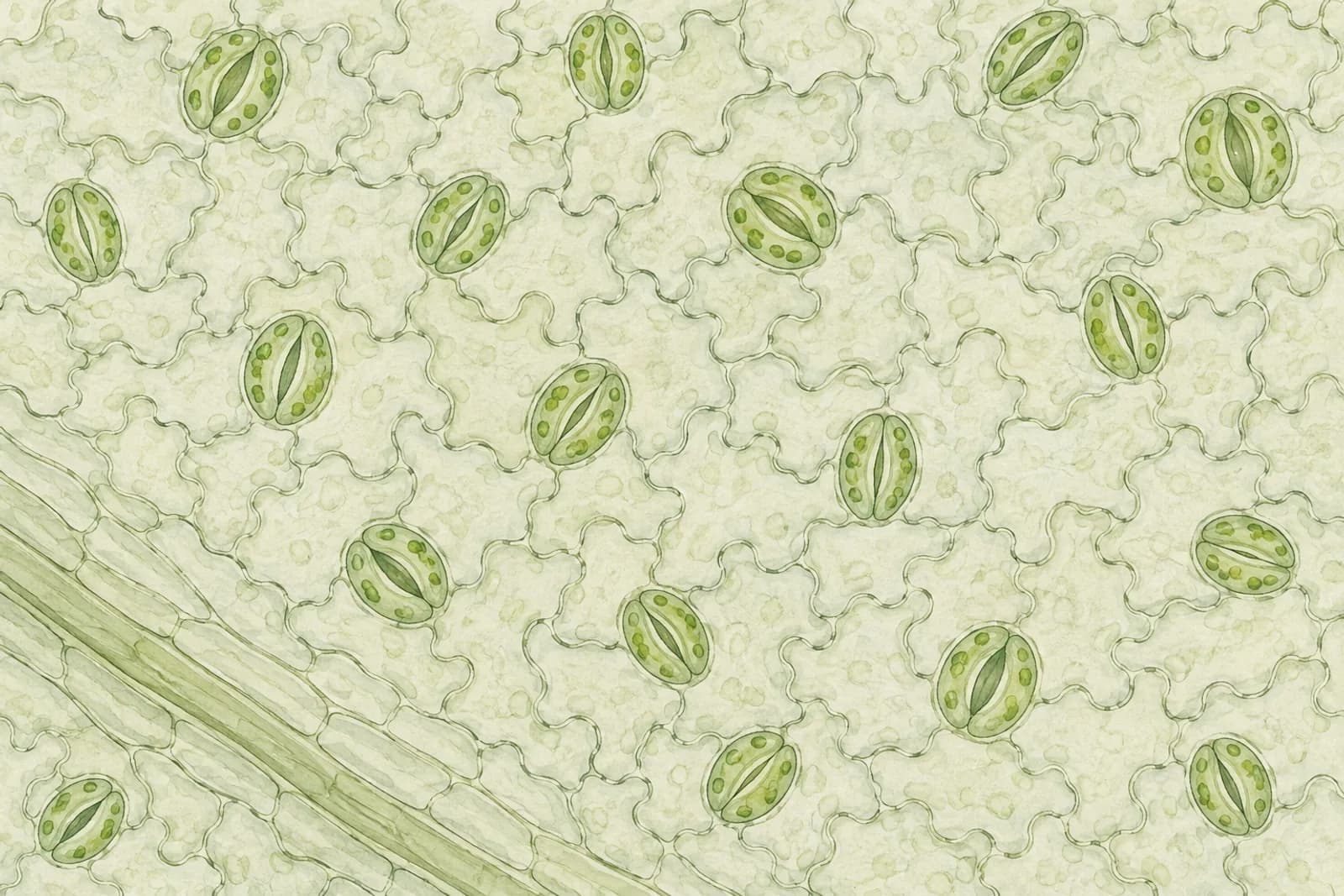 A highly magnified view of a leaf's underside: wavy, jigsaw-shaped surface cells with many pairs of kidney-shaped guard cells scattered among them, each pair surrounding a small pore, some open wider and some nearly closed.