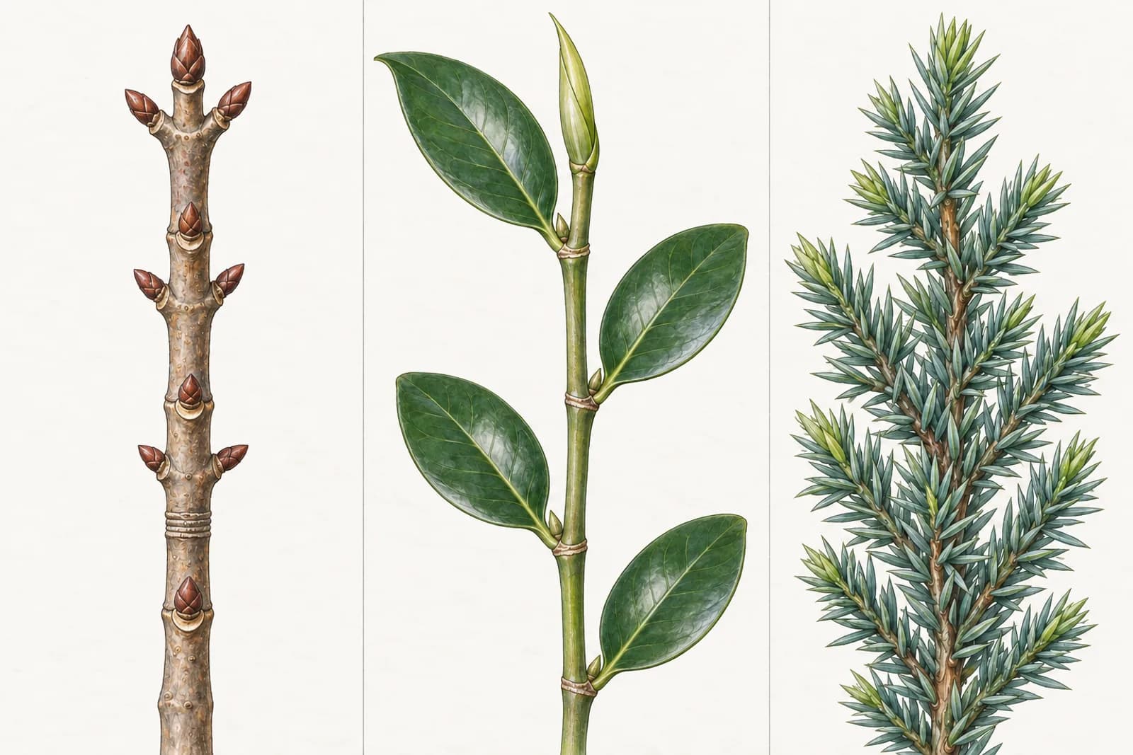 Three shoots side by side: a bare trident maple twig with paired, scaly buds above small leaf scars; a leafy ficus shoot with one glossy leaf per node and a pointed sheath at its tip; and a juniper shoot of dense blue-green needles ending in tiny, paler growing tips.