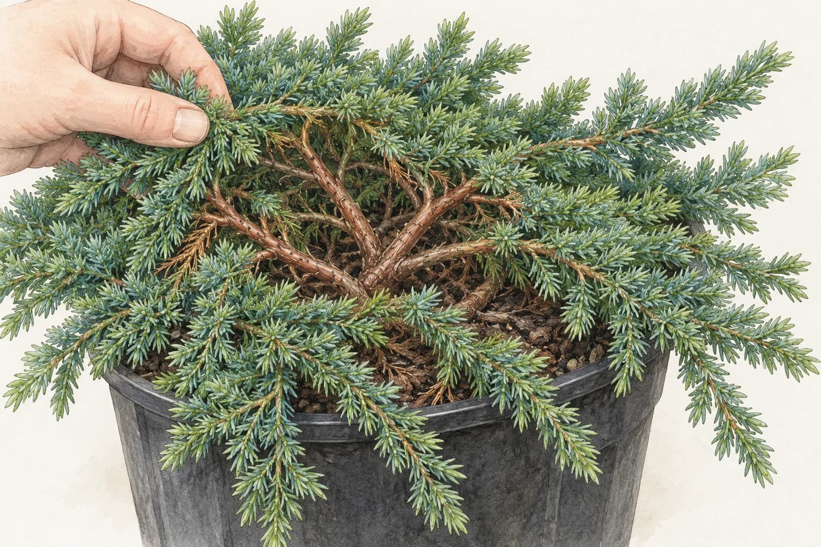 Illustration of a young nursery juniper with a hand lifting its outer foliage, revealing inner stems bare of foliage; green foliage grows only near the outer ends of the branches.