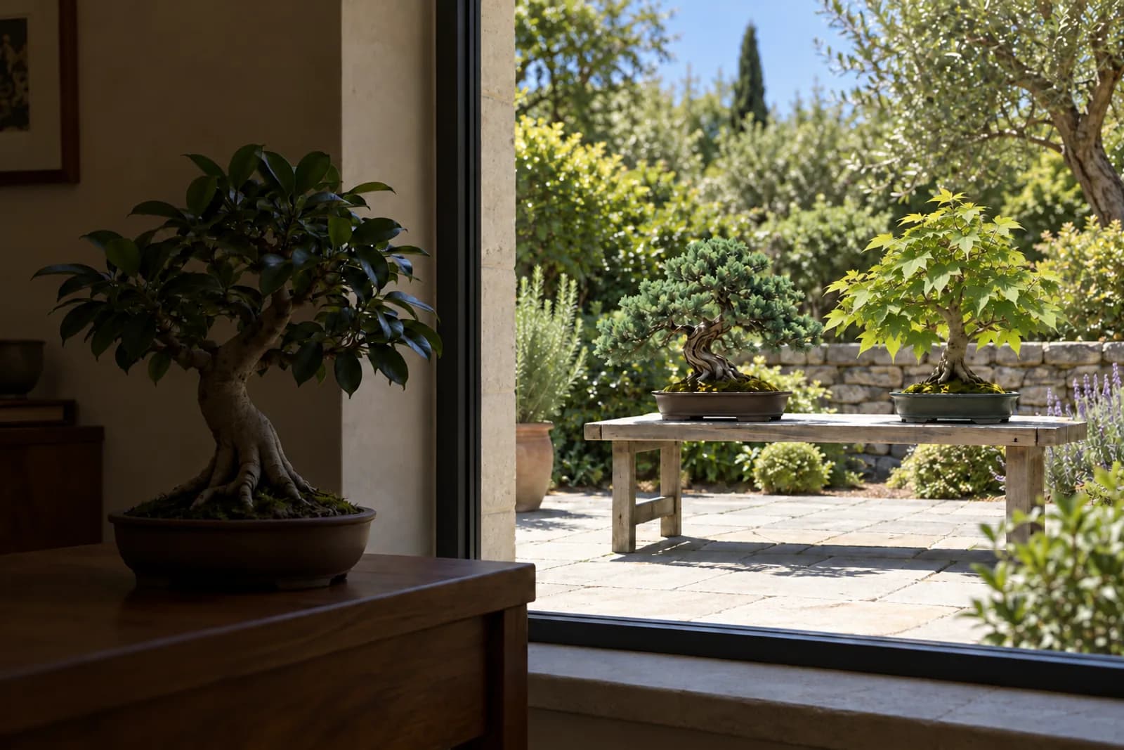 View from inside a softly lit room, out through a large window to a sunlit garden. Indoors, a ficus bonsai sits on a wooden table in dim, even light; outside, a juniper bonsai and a trident maple bonsai stand on a wooden bench in bright, direct sun.