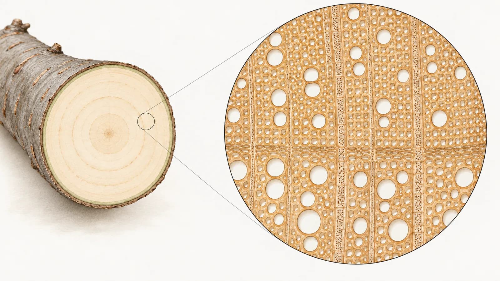 Left, the cut end of a maple branch showing thin bark and pale wood with faint growth rings. Right, a magnified circle of the same wood seen end-on: tightly packed thick-walled cells, most of them hollow, scattered larger round pores, and thin lines of ray cells running outward.