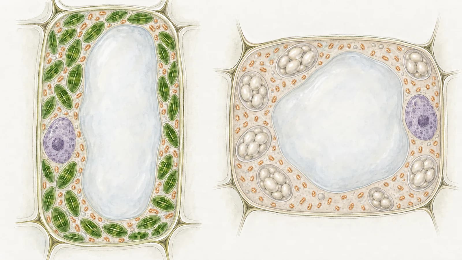 Two plant cells drawn side by side at the same scale. The leaf cell on the left is tall and column-shaped, lined with green chloroplasts and an even larger number of much smaller mitochondria. The root cell on the right is rounder, has no green chloroplasts, and holds many small mitochondria and clusters of pale starch grains.