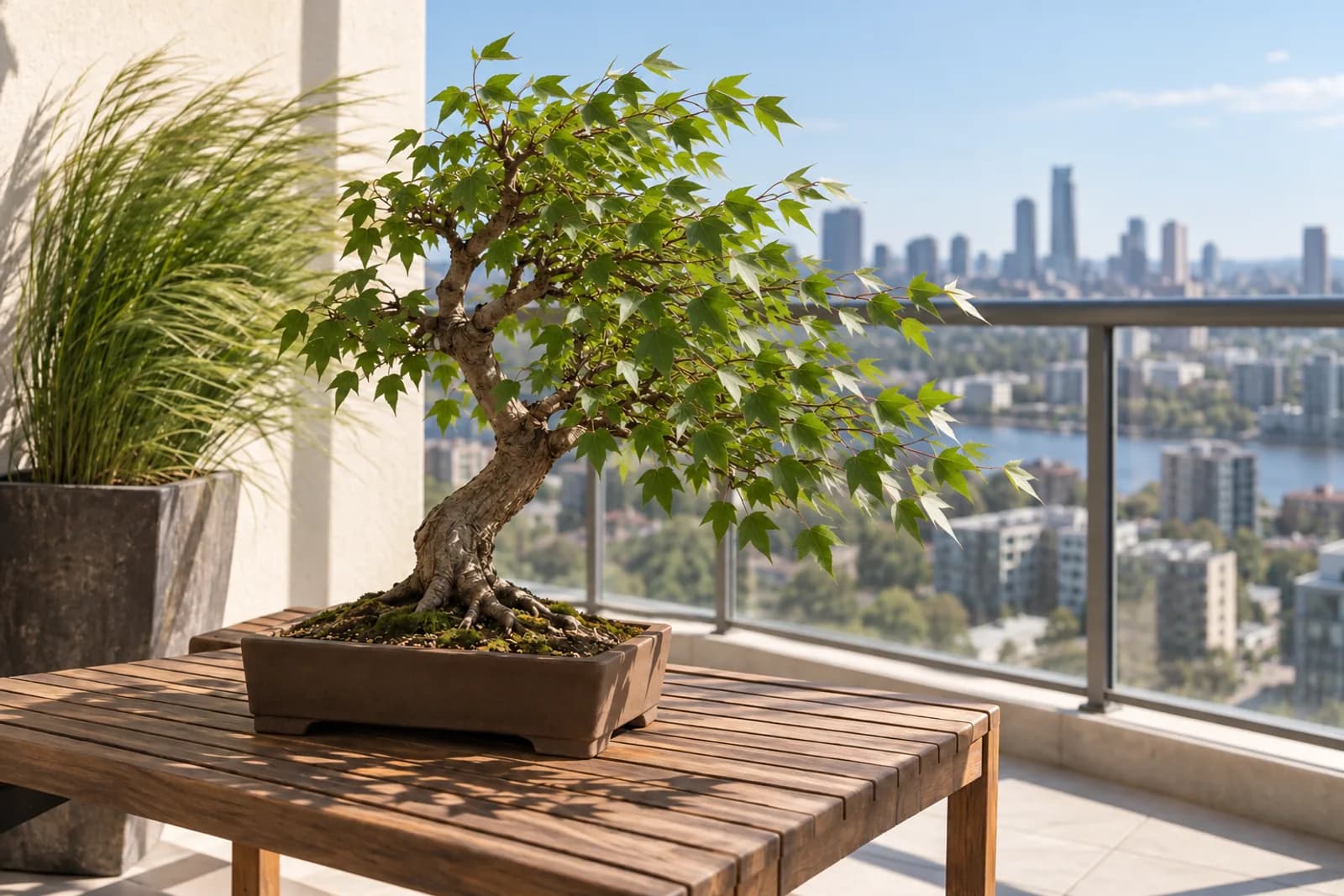 A small trident maple bonsai on a sturdy wooden bench on a high, open balcony in bright sun. Its leaves are tipped by the wind, potted grasses beside it stream sideways, and a city skyline is softly blurred beyond the railing.