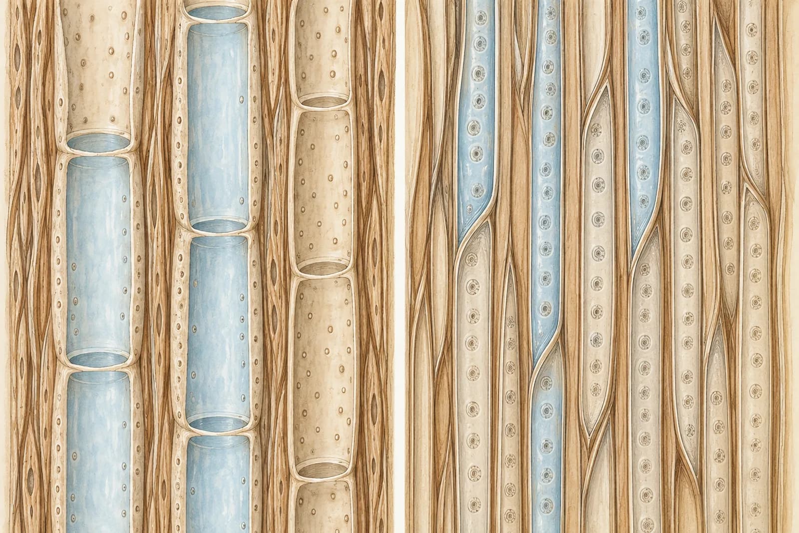 Two magnified lengthwise views of wood, drawn at the same scale. Left, broadleaf vessels: wide tubes built from stacks of cells joined through open ends. Right, conifer tracheids: long, narrow cells with closed, tapered ends overlapping their neighbors, their walls dotted with pits. Faint blue fills some of the tubes.