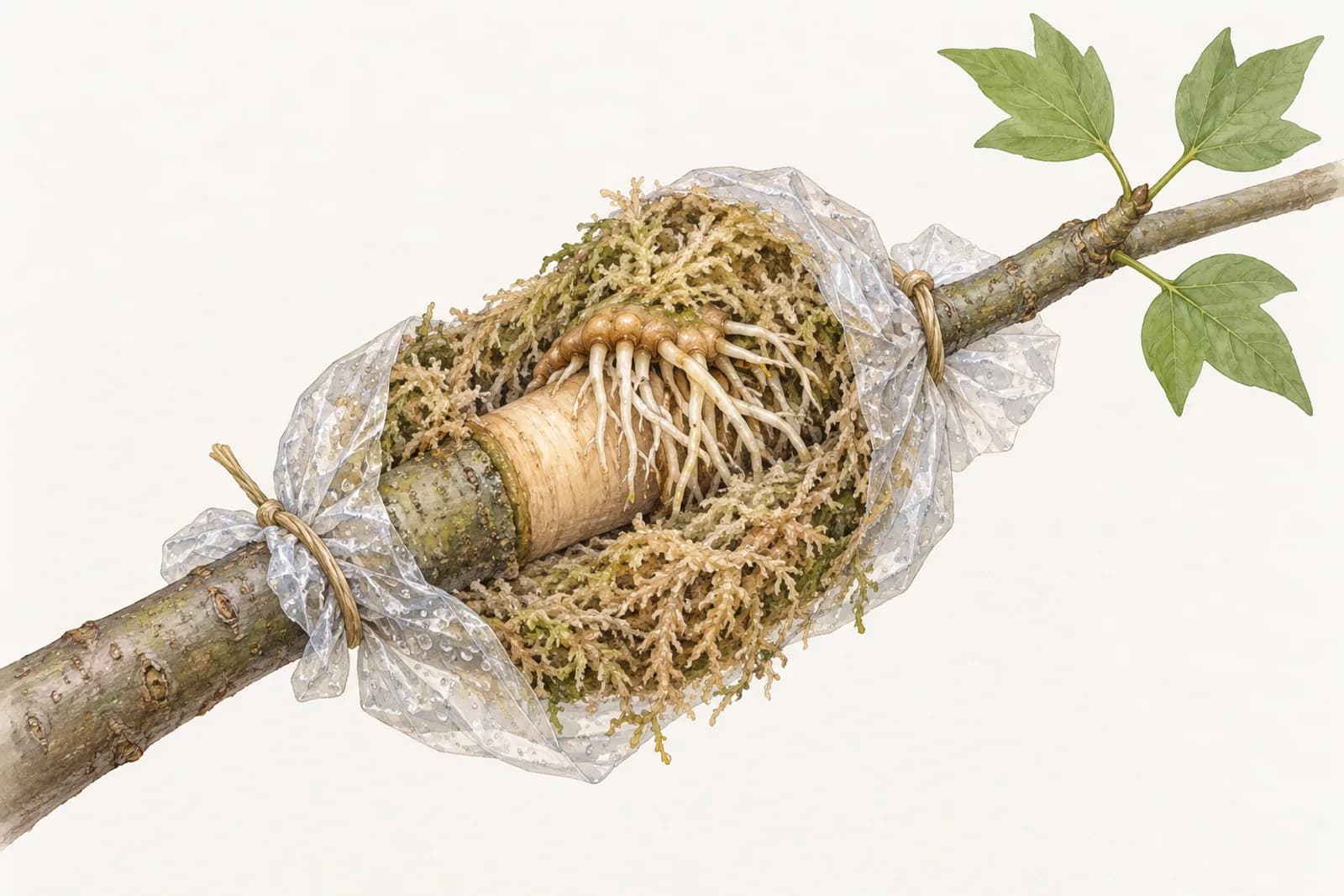 A leafy branch with an air layer partly unwrapped: above a ring where the bark was removed, a swollen collar of new tissue sends many white roots into damp sphagnum moss, half folded back from its clear plastic wrap.