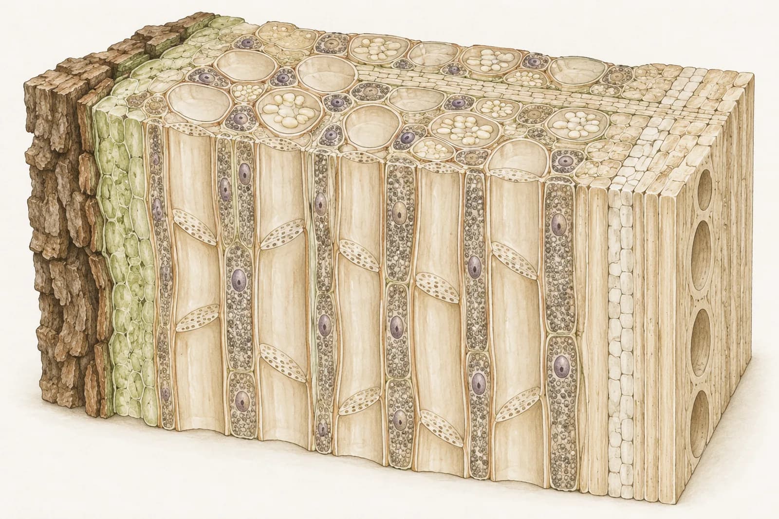 A magnified cutaway of the inner bark of a maple twig. Files of long, slender living cells stacked end to end form tubes whose end walls are perforated like a colander, each cell flanked by a narrow, dense companion cell; a few rounder storage cells and a narrow ray lie among them, with a thin, pale cambium and pale wood along the inner edge.