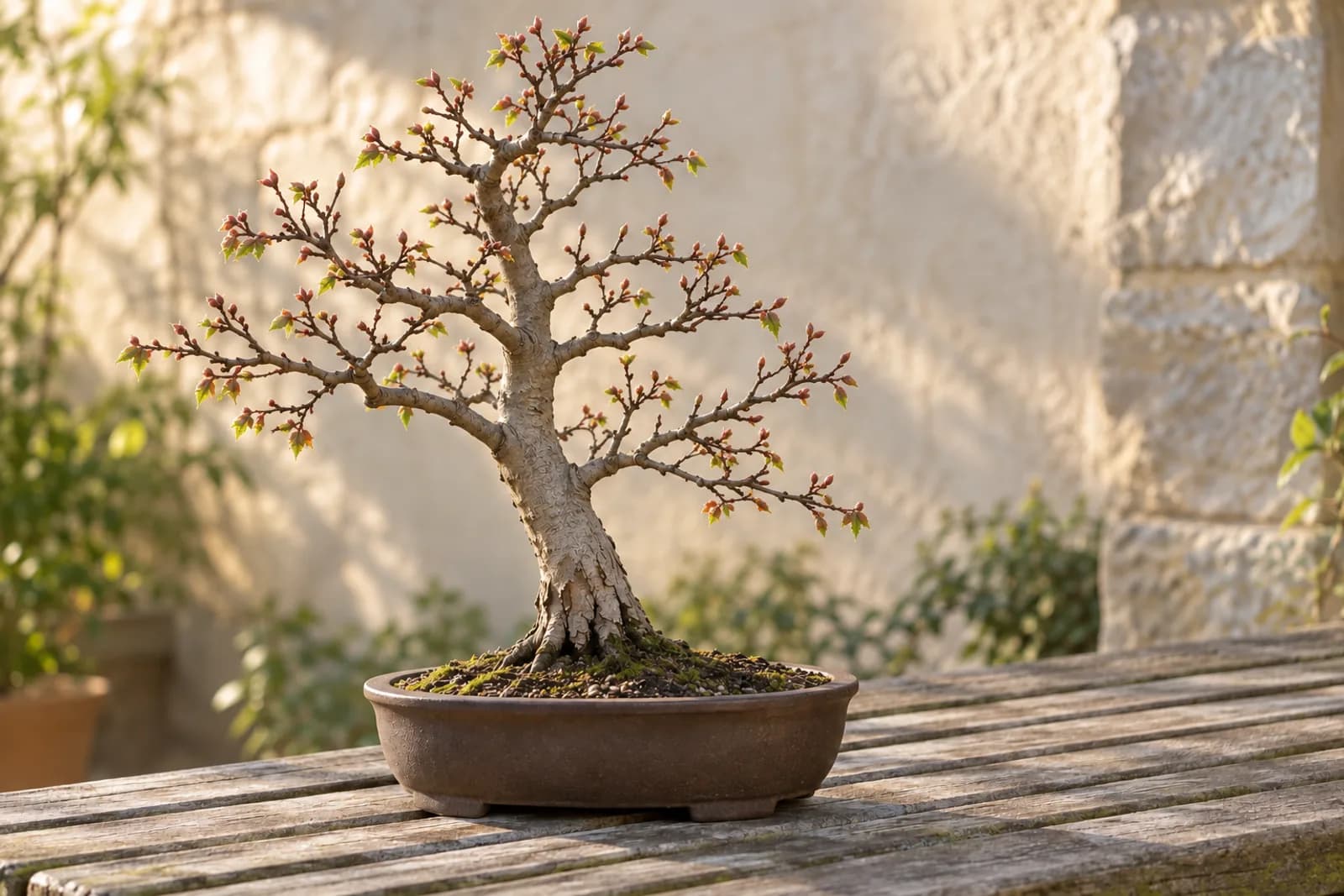 A trident maple bonsai in a shallow pot on an outdoor bench in soft morning light, its bare branches dotted with opening buds and small, reddish-green leaves only partly unfolded.