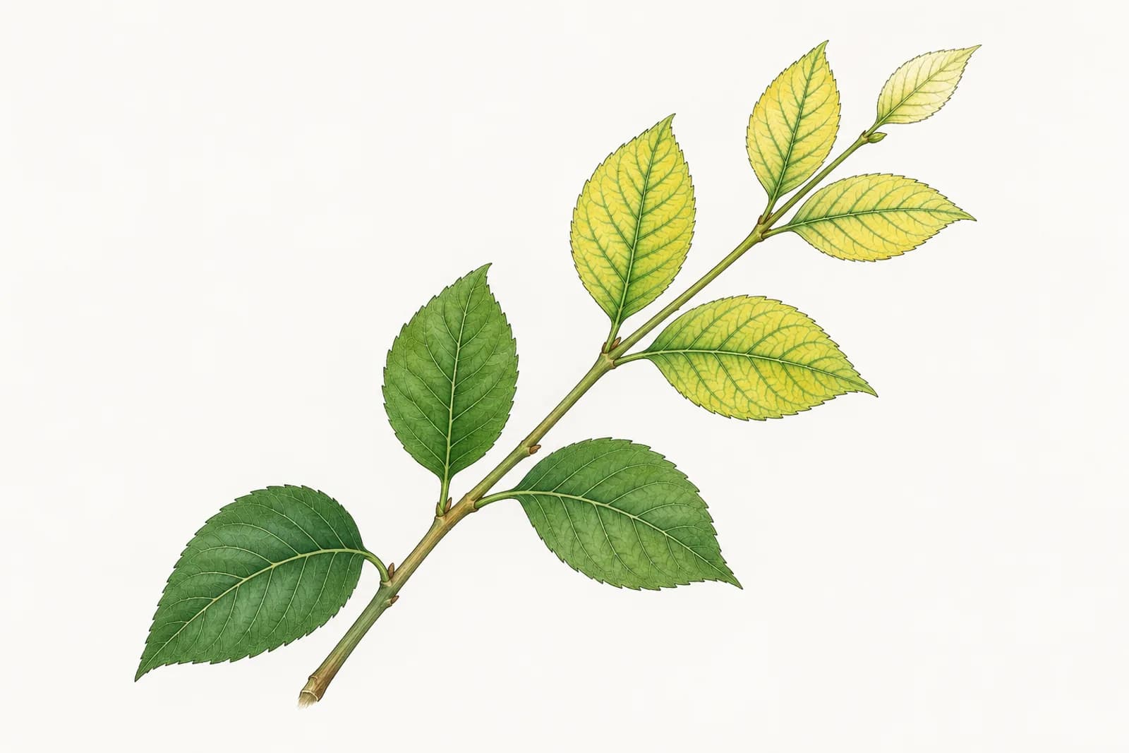 A broadleaf shoot whose older leaves are evenly green, while the newer leaves toward the tip are yellow between a network of green veins, the youngest almost entirely pale yellow.