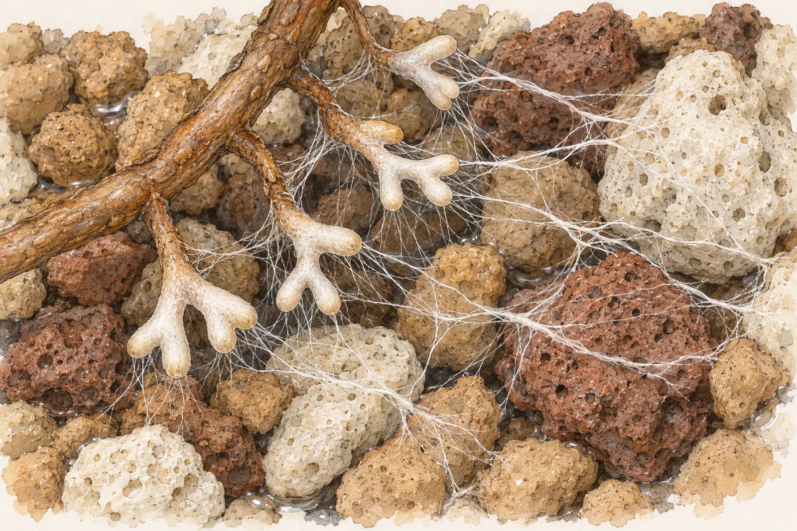 A magnified cluster of young pine root tips among substrate particles. The tips are short, swollen, and forked in pairs, each wrapped in a whitish fungal sheath, and fine white fungal threads spread from them across and between the surrounding particles.