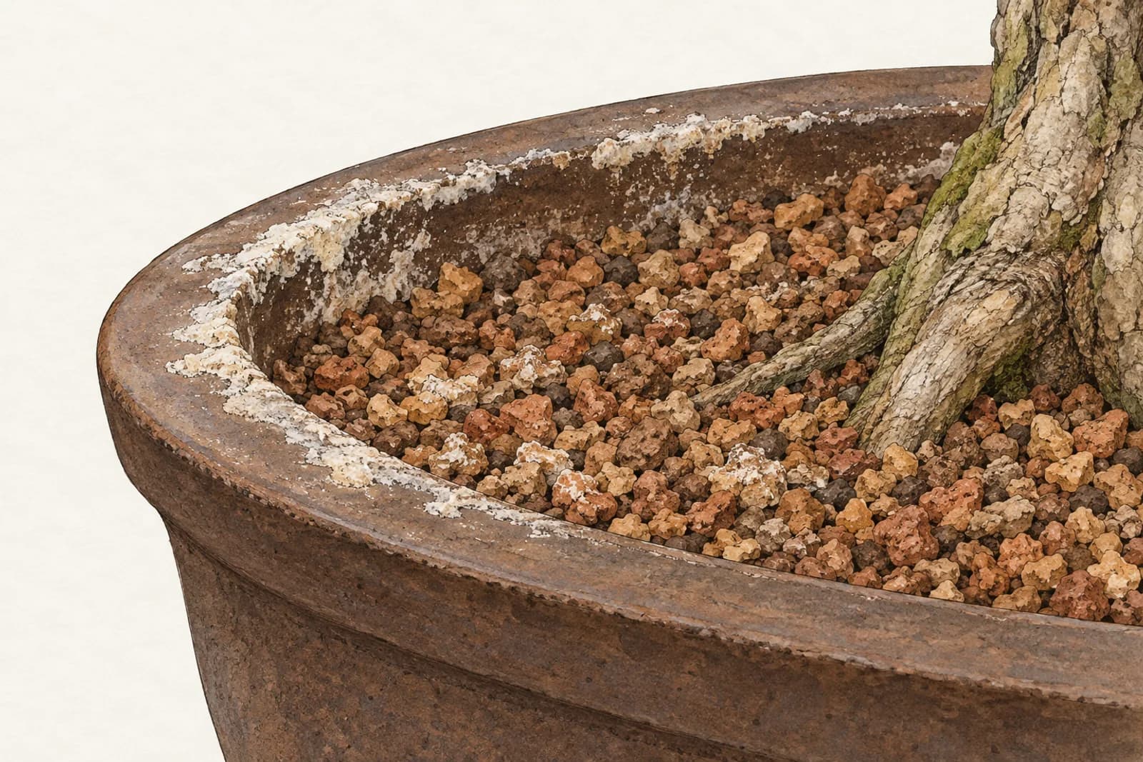 Illustration of the rim and substrate surface of a planted bonsai pot, with a white, crusty mineral deposit along the rim and on particles at the surface.