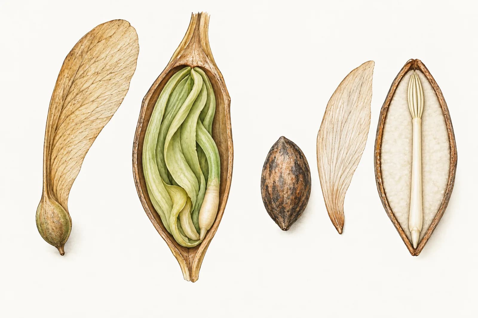 Two tree seeds drawn whole and cut lengthwise: a winged maple fruit whose seed is filled by two long, folded, pale green seed leaves with a short embryonic root, and a pine seed whose slender embryo, tipped with needle-like seed leaves, lies in pale nutritive tissue.