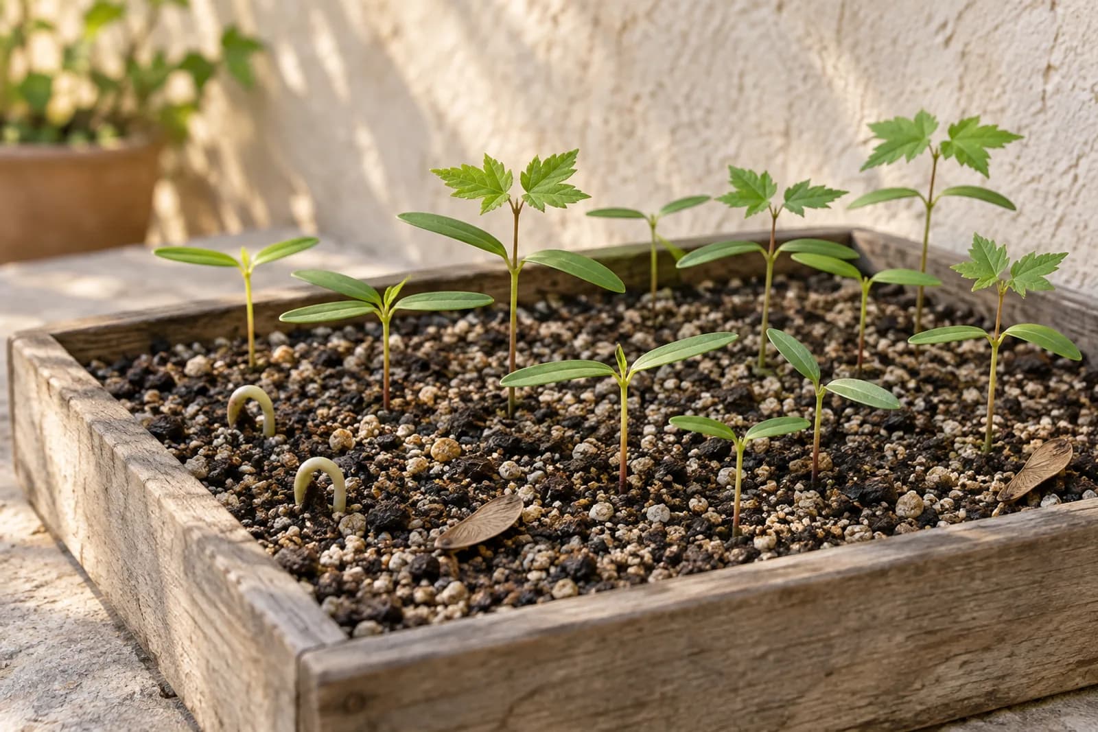 A shallow wooden seed tray of gritty seed mix outdoors in soft light, holding young maple seedlings at different stages: a pale stem bent into a hook breaking the surface, several seedlings with only two narrow seed leaves open, and several with a first pair of small, toothed true leaves above the seed leaves.